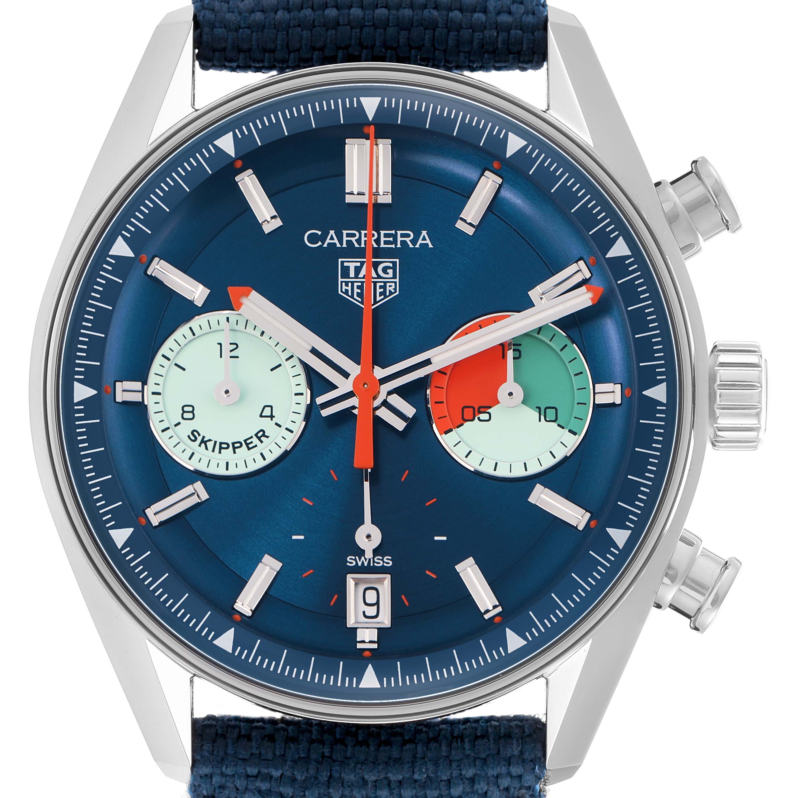The Tag Heuer Carrera CBS2213 Men
s Stainless Steel Blue Dial watch is shown from the front, displaying its blue dial, subdials, crown, and buttons.