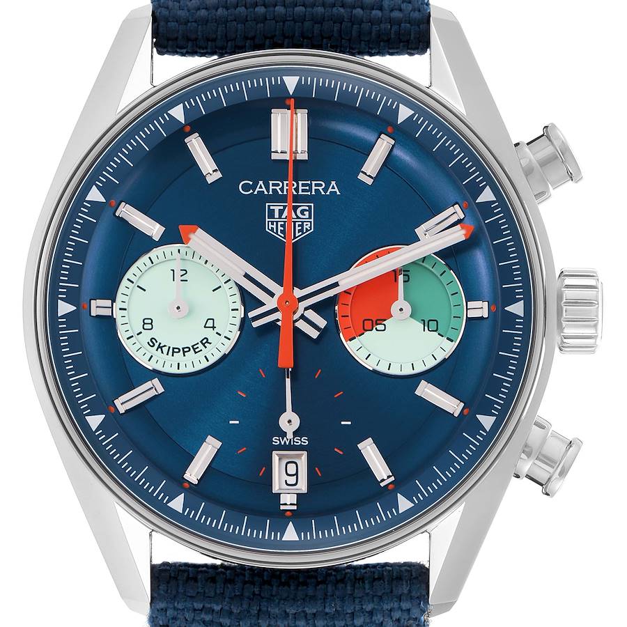 The Tag Heuer Carrera model CBS2213 watch is shown from the front, highlighting its blue dial, subdials, silver indices, and blue strap.