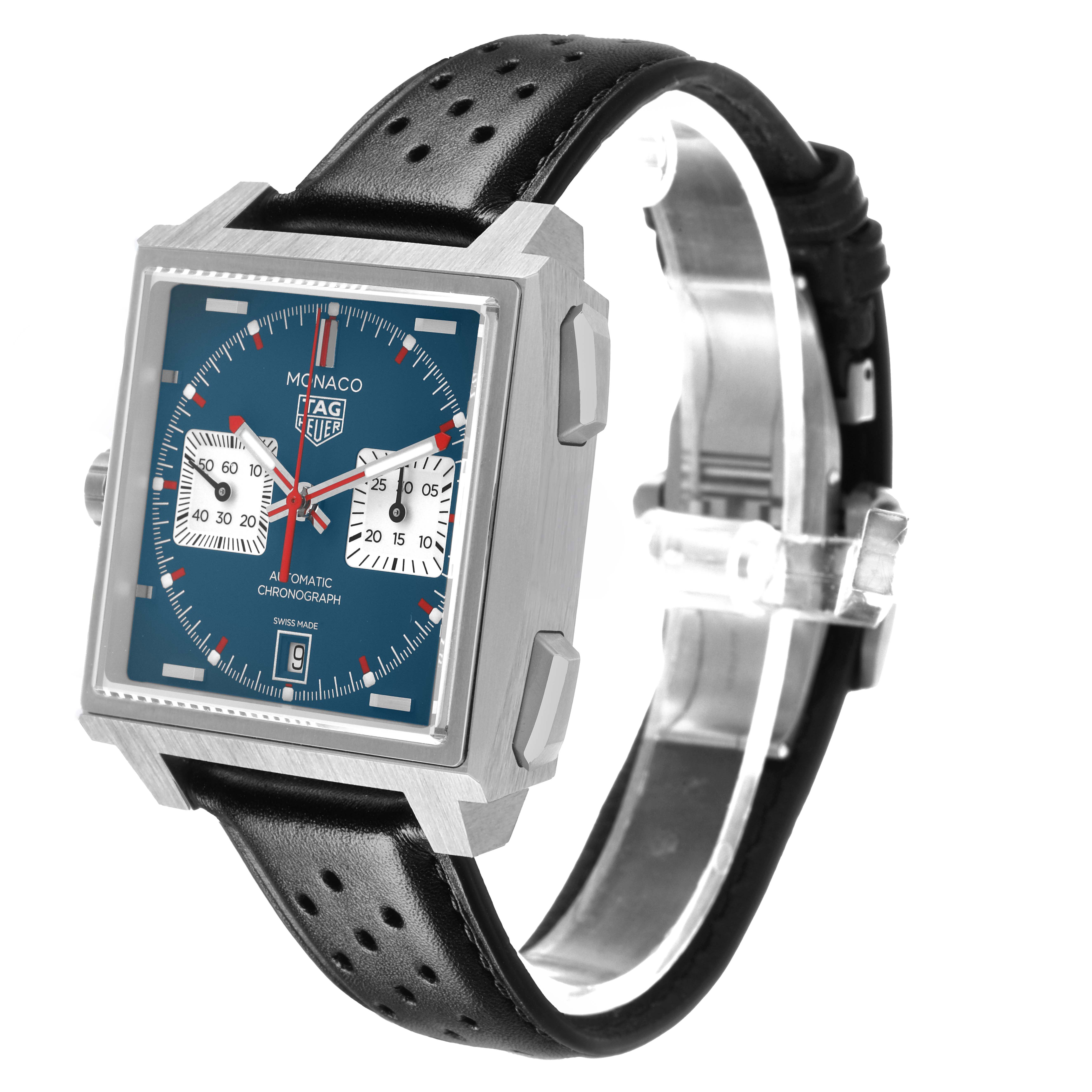 The Tag Heuer Monaco CDW2181 Men's Titanium Blue Dial watch is shown at an angled side view, highlighting its square case and black perforated strap.