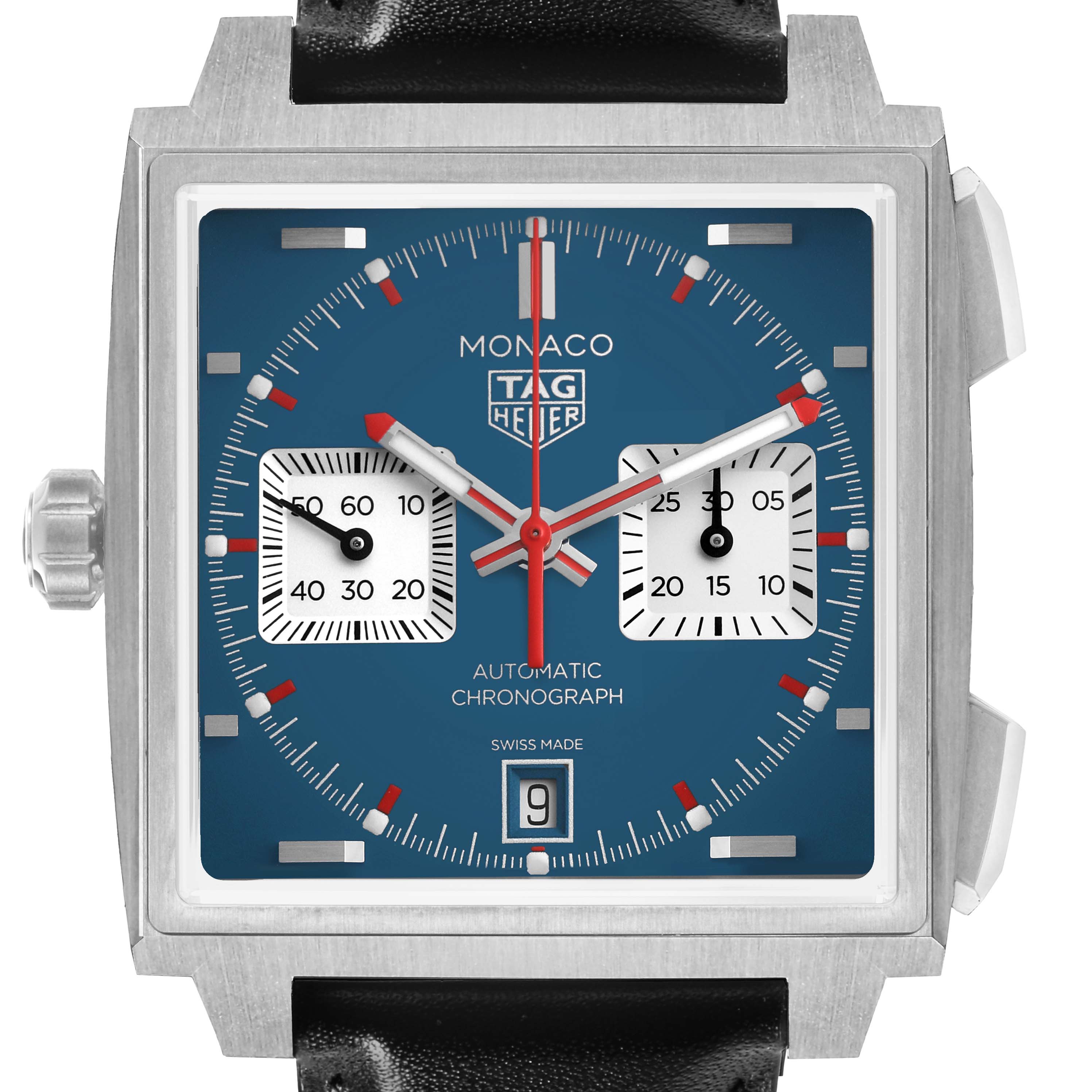 The image shows a front view of the Tag Heuer Monaco CDW2181 Men's Titanium Blue Dial watch, highlighting its blue dial, square case, and chronograph features.