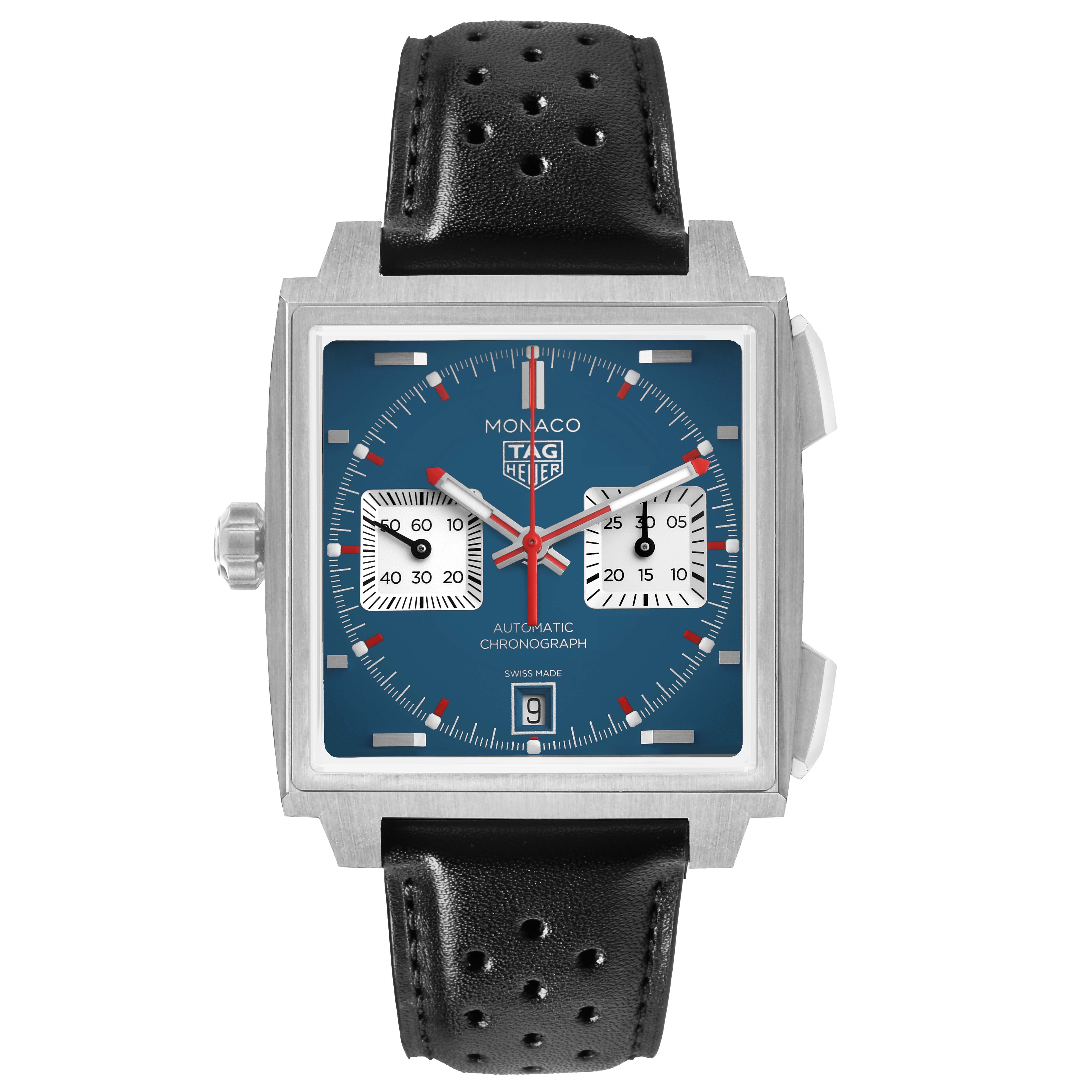 The image shows a front view of the Tag Heuer Monaco CDW2181 Men's Titanium Blue Dial watch, displaying its square face, chronograph dials, and leather strap.