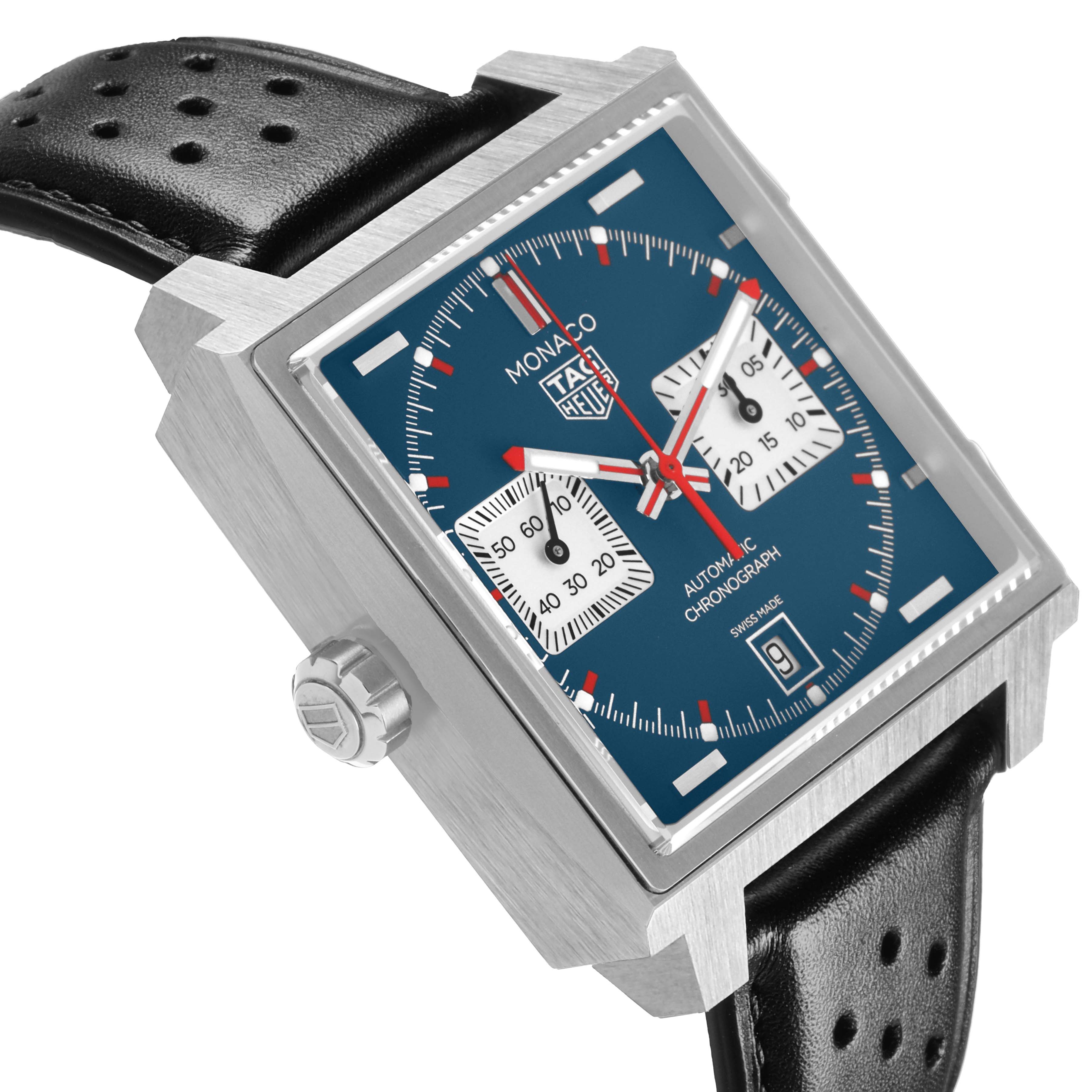 The Tag Heuer Monaco CDW2181 Men's Titanium Blue Dial watch is shown at an angled view displaying its square case, blue dial, crown, and black leather strap.