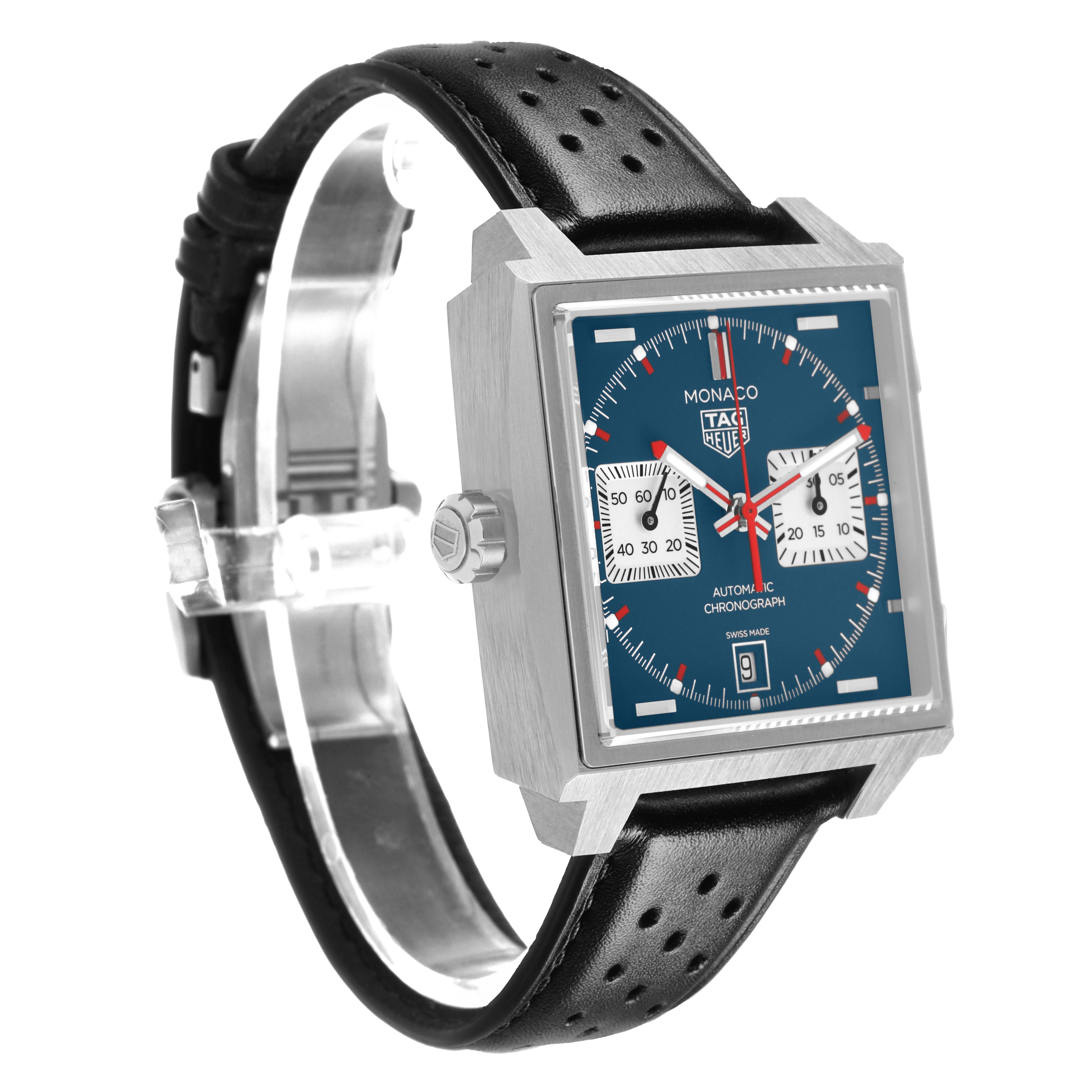 The Tag Heuer Monaco CDW2181 Men's Titanium Blue Dial watch is shown at a three-quarter angle, highlighting its square face, chronograph dials, and leather strap.