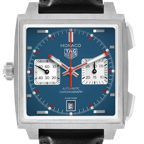 The Tag Heuer Monaco CDW2181 Men's Titanium Blue Dial watch is shown from the front, highlighting its square case, blue dial, subdials, and black strap.