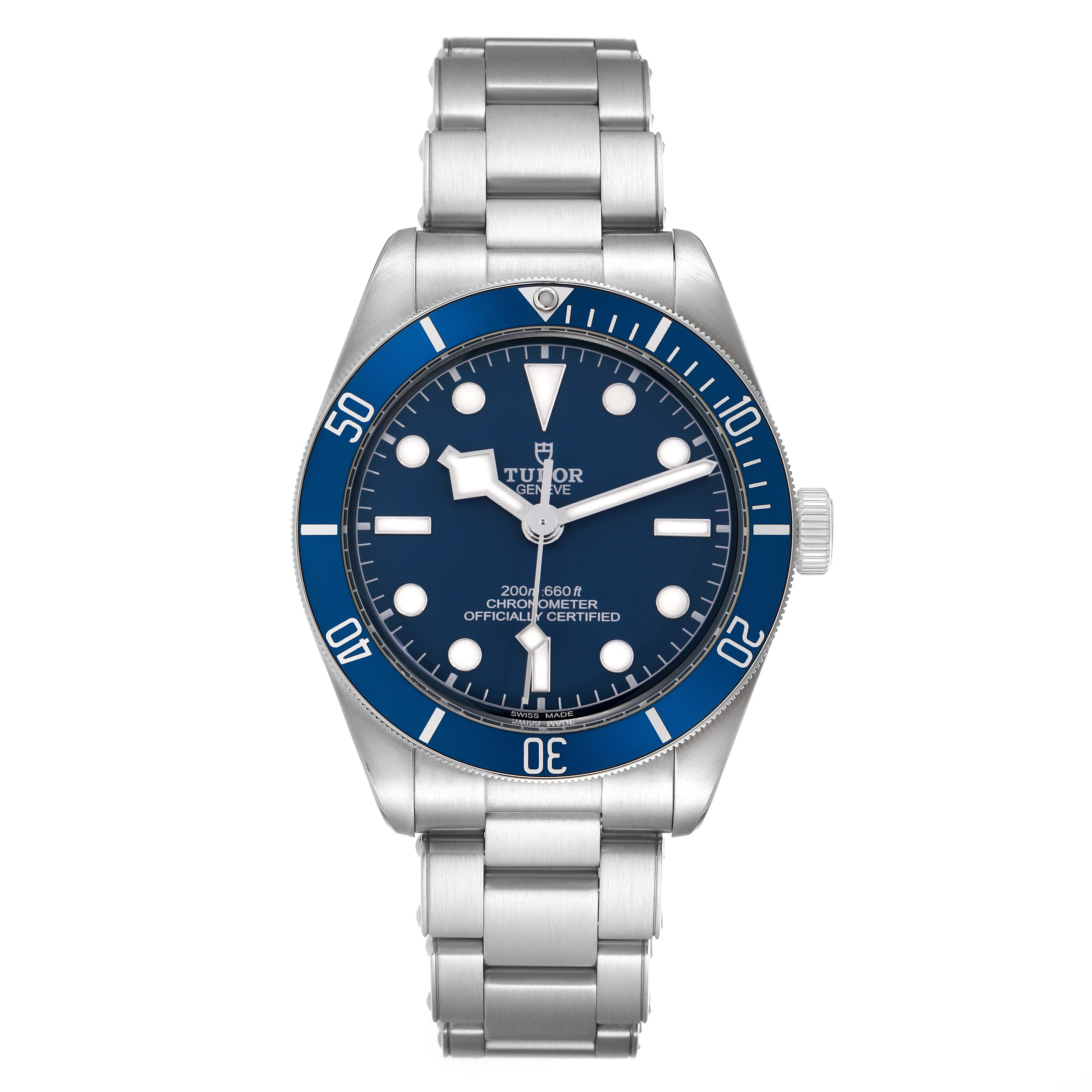 The image shows a front view of the Tudor Heritage Black Bay 79030B Men
s Stainless Steel Blue Dial watch, displaying its blue dial, bezel, and stainless steel bracelet.