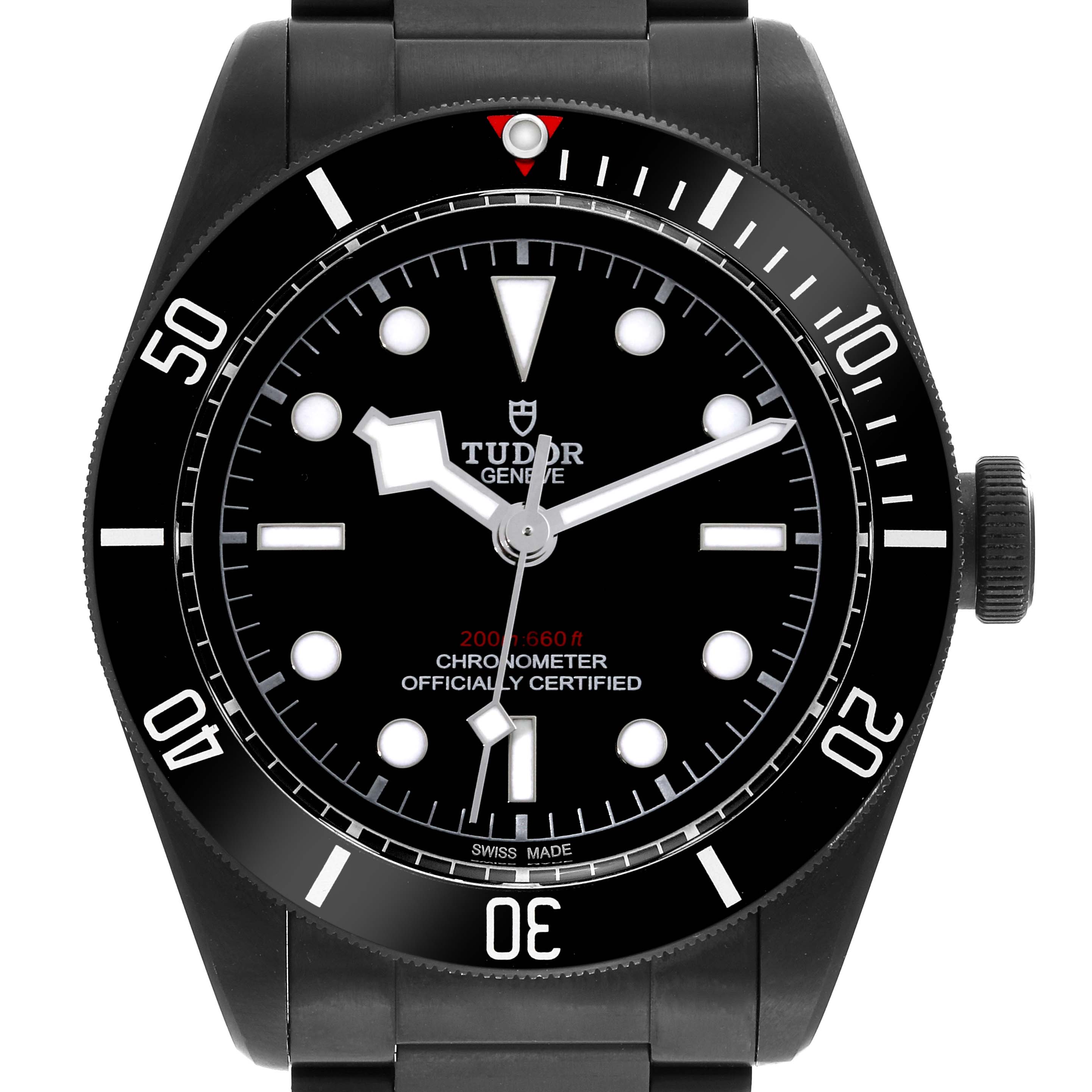 The image shows a front view of the Tudor Heritage Black Bay 79230DK Men's Stainless Steel Black Dial 79230DK Men's Stainless Steel Black Dial watch, highlighting its black dial, bezel, and bracelet.