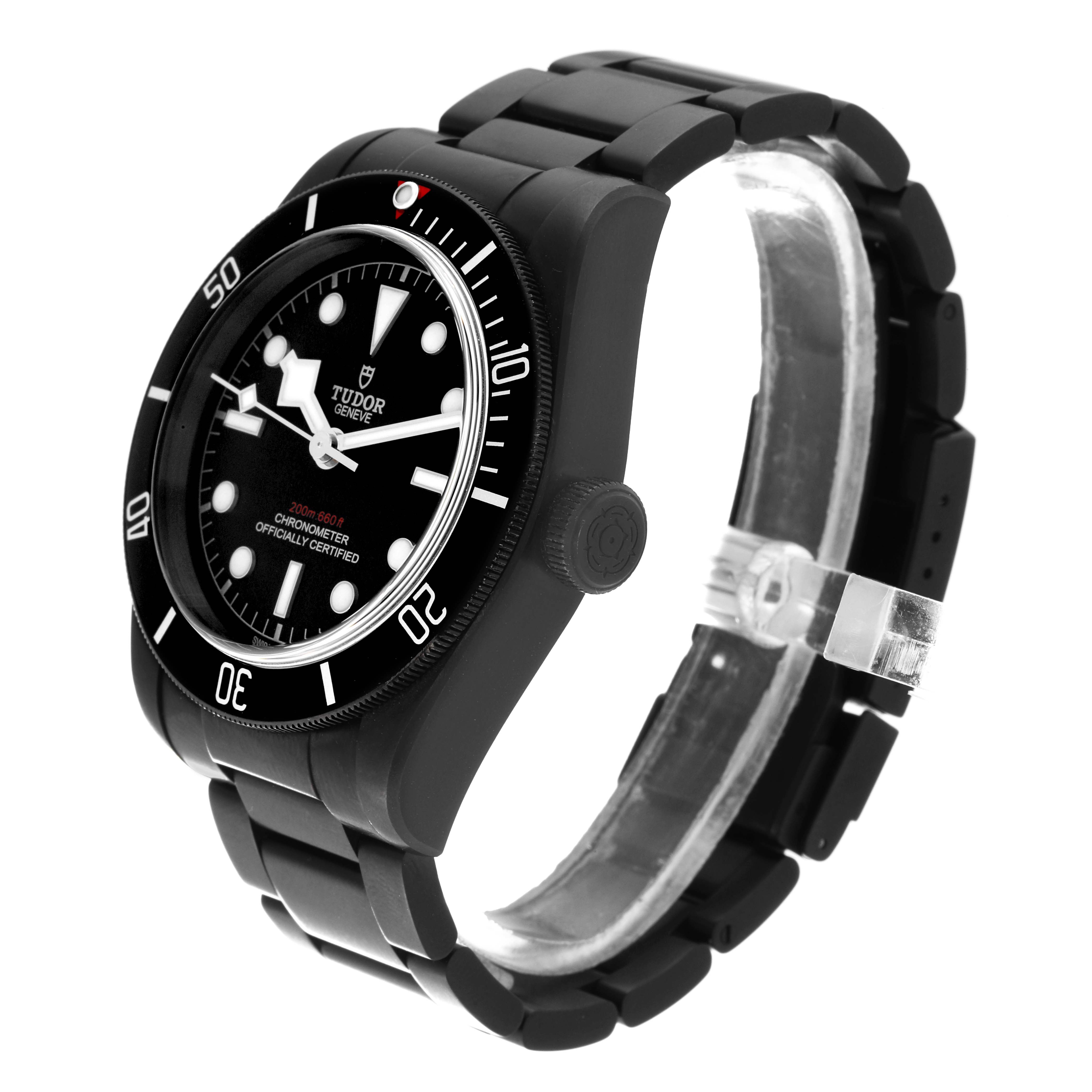 The image shows a Tudor Heritage Black Bay 79230DK Men's Stainless Steel Black Dial 79230DK Men's Stainless Steel Black Dial watch from a front-left angle, highlighting its black bezel, dial, and bracelet.