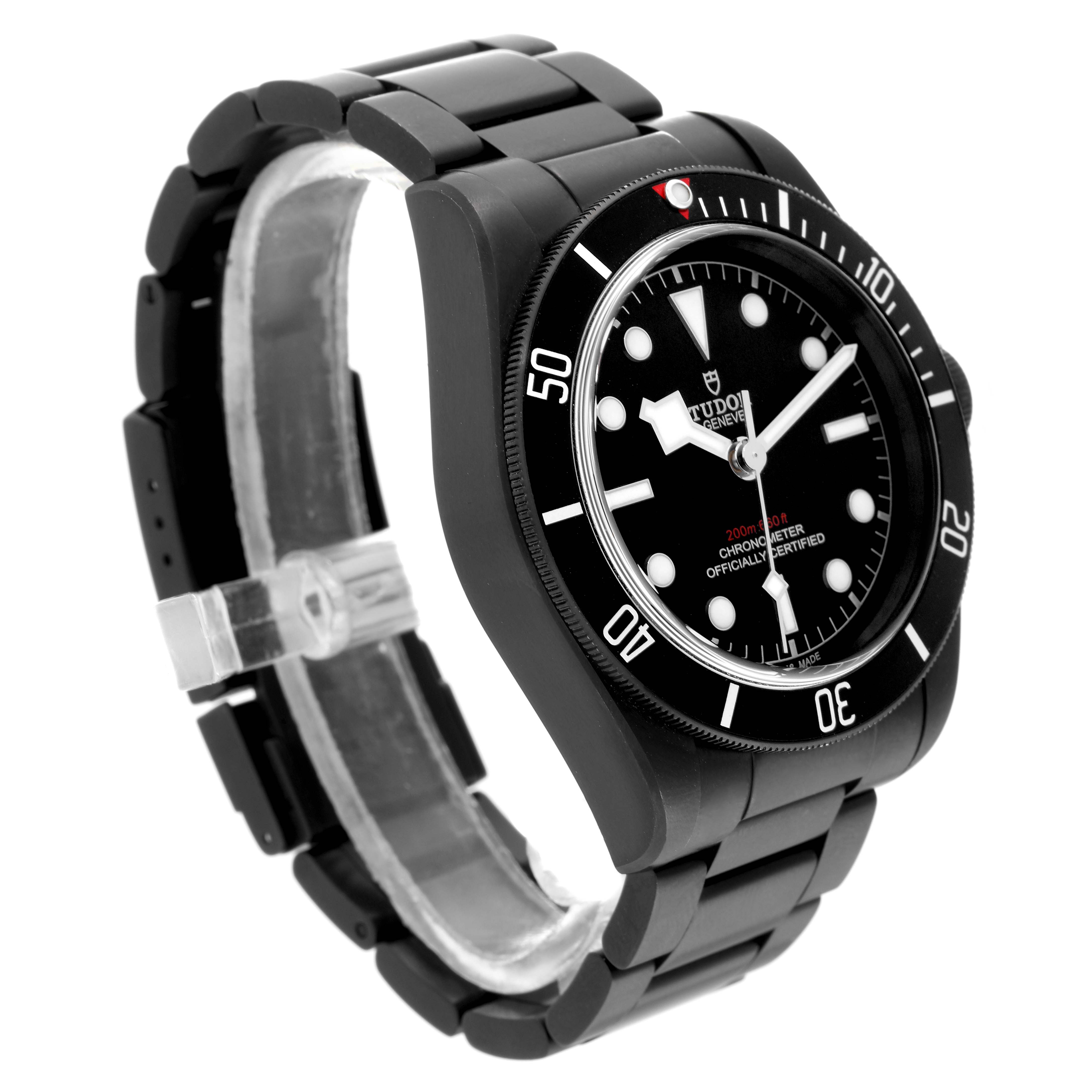 The image shows a side angle of a Tudor Heritage Black Bay 79230DK Men's Stainless Steel Black Dial 79230DK Men's Stainless Steel Black Dial watch, displaying the bezel, dial, bracelet, and clasp.