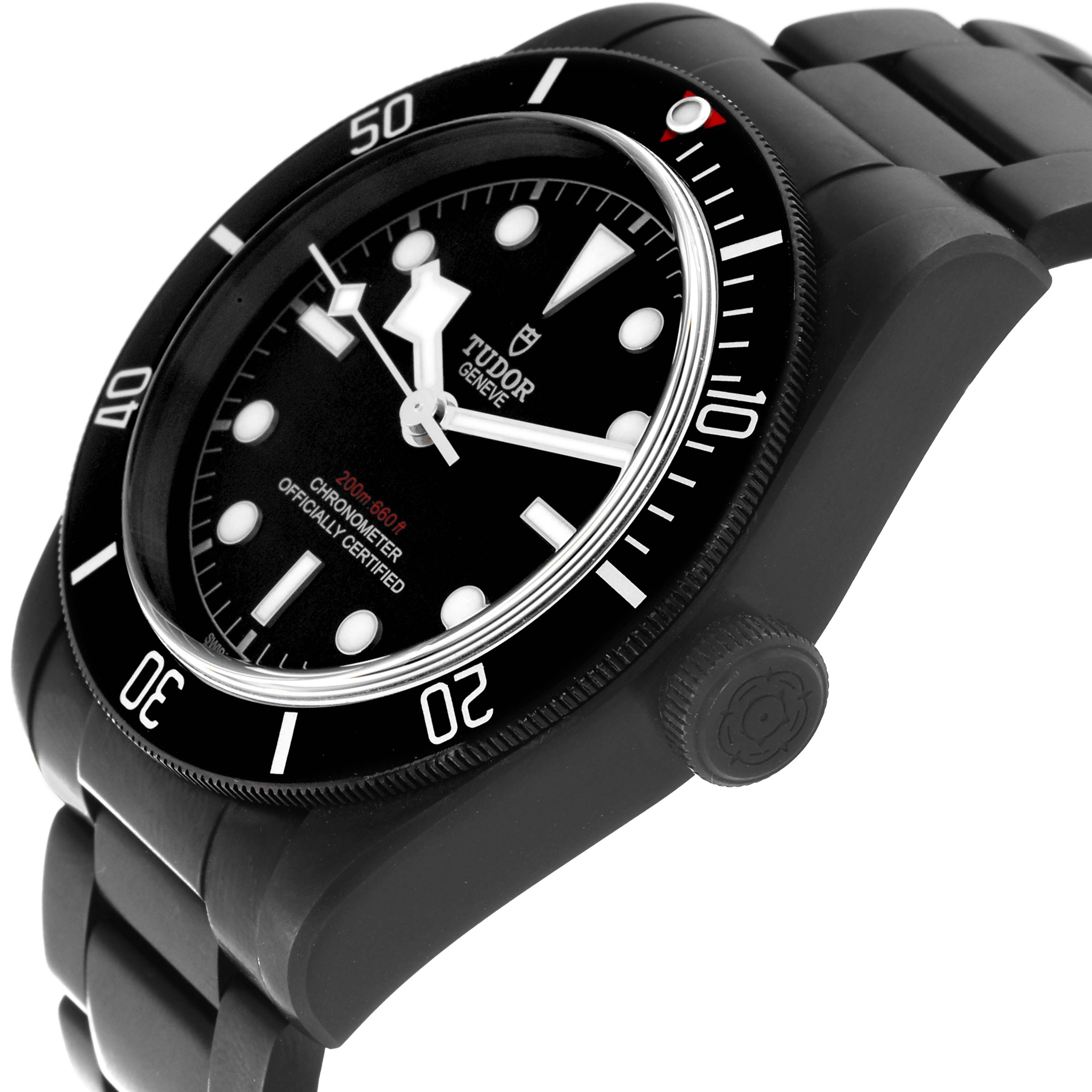 The image shows a Tudor Heritage Black Bay 79230DK Men's Stainless Steel Black Dial 79230DK Men's Stainless Steel Black Dial watch from an angled perspective, highlighting the bezel, dial, crown, and bracelet.