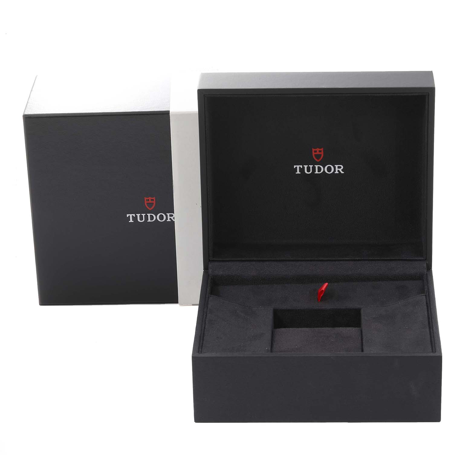 This image shows an open Tudor Heritage Black Bay 79230DK Men's Stainless Steel Black Dial 79230DK Men's Stainless Steel Black Dial watch box, highlighting the interior compartment for the watch.