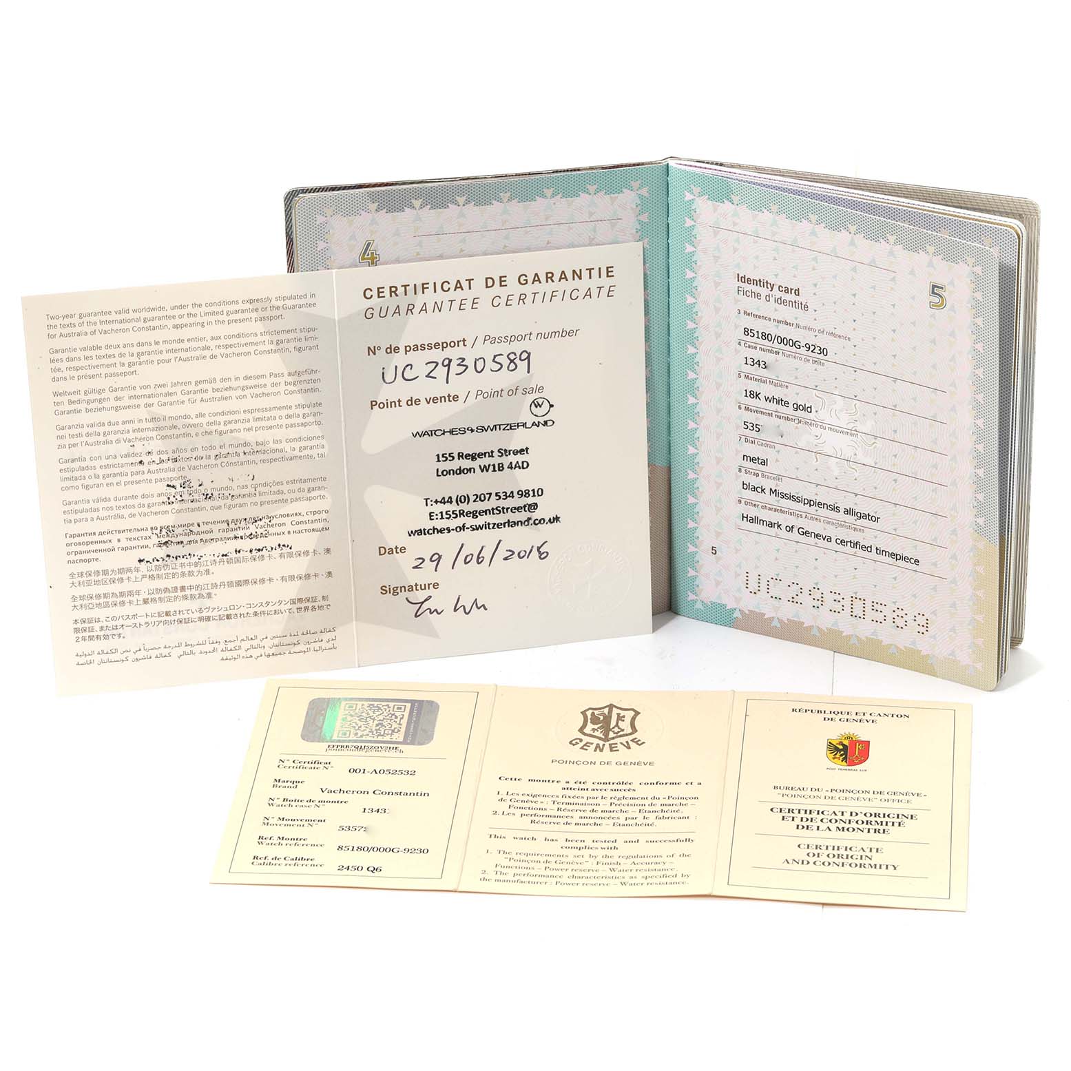 The image shows the warranty certificate and documents for a Vacheron Constantin Patrimony 85180/000G-9230 Men
s White Gold Silver Dial 85180/000G-9230 Men
s White Gold Silver Dial watch, laid out and slightly open.