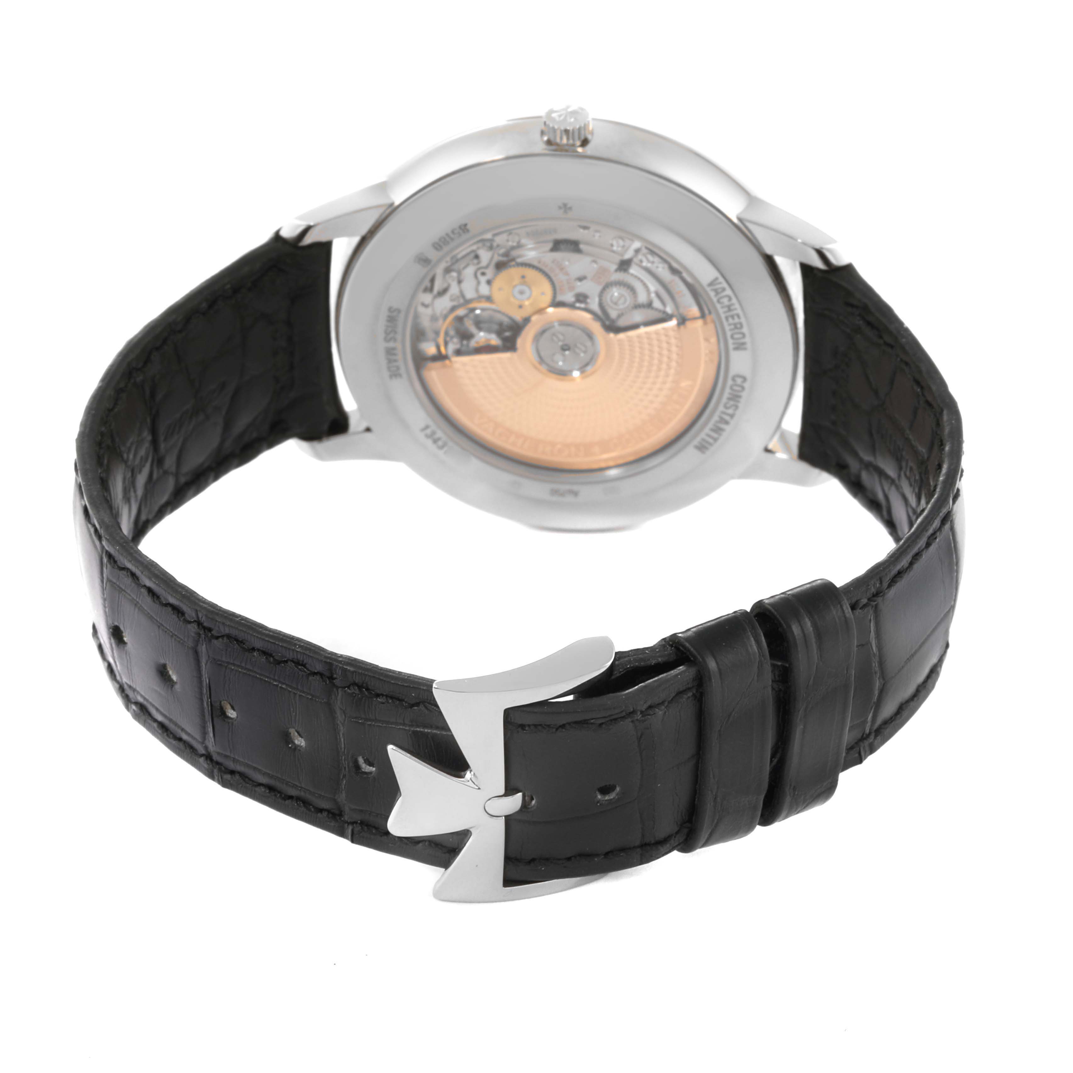 This image shows the case back and strap of the Vacheron Constantin Patrimony 85180/000G-9230 Men
s White Gold Silver Dial 85180/000G-9230 Men
s White Gold Silver Dial watch, revealing its intricate movement.