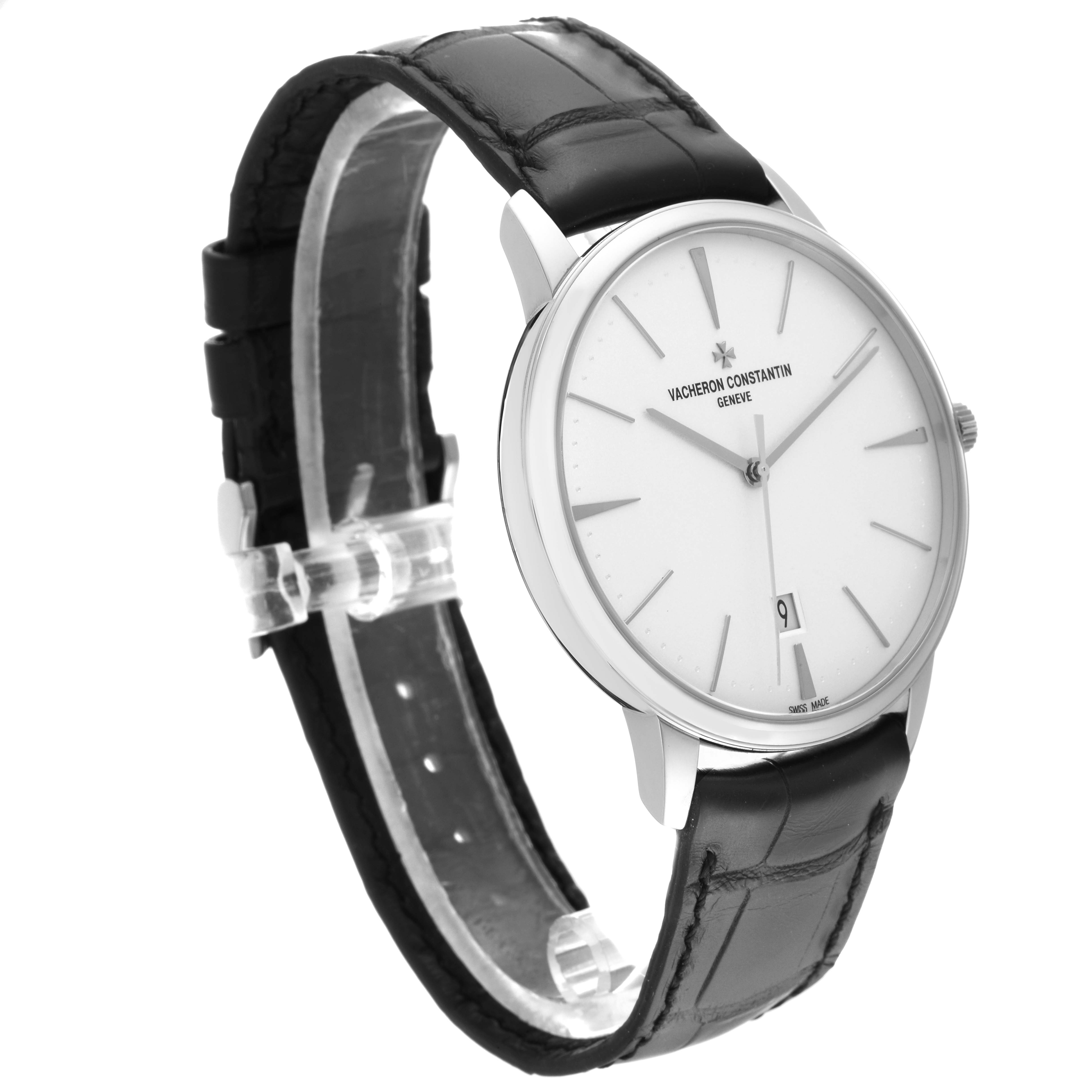 The Patrimony model by Vacheron Constantin is shown at an angled side view, highlighting its dial, case, and leather strap.