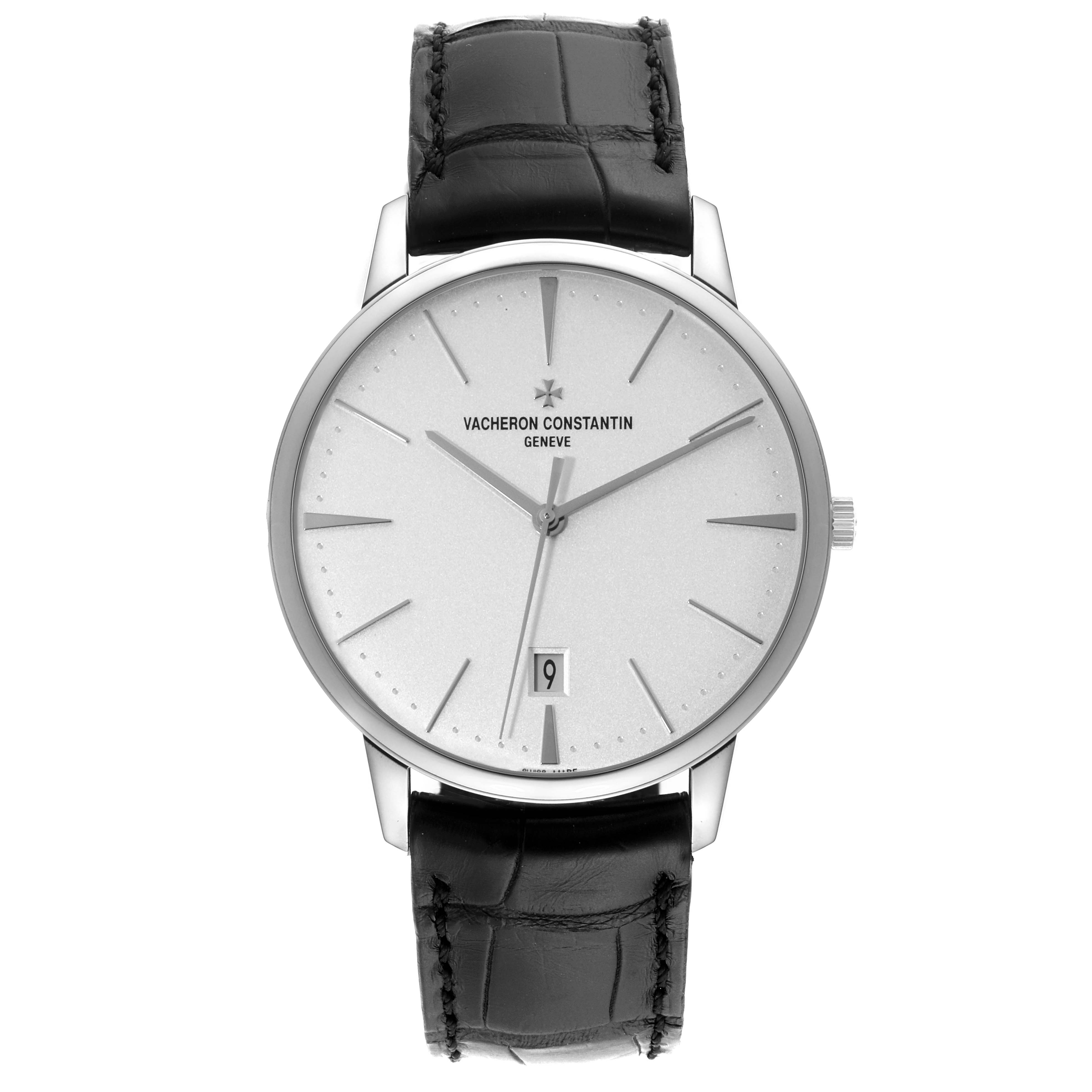 This is a front view of a Vacheron Constantin Patrimony 85180/000G-9230 Men
s White Gold Silver Dial 85180/000G-9230 Men
s White Gold Silver Dial watch with a silver dial and black leather strap.