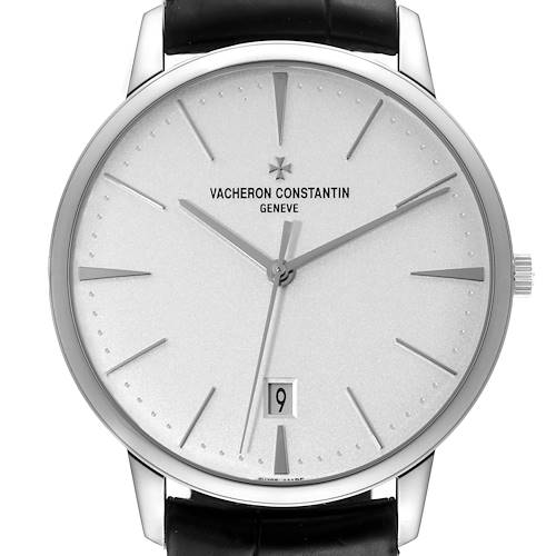 The image shows a front view of a Vacheron Constantin Patrimony watch, highlighting the dial, hour markers, hands, and date window.