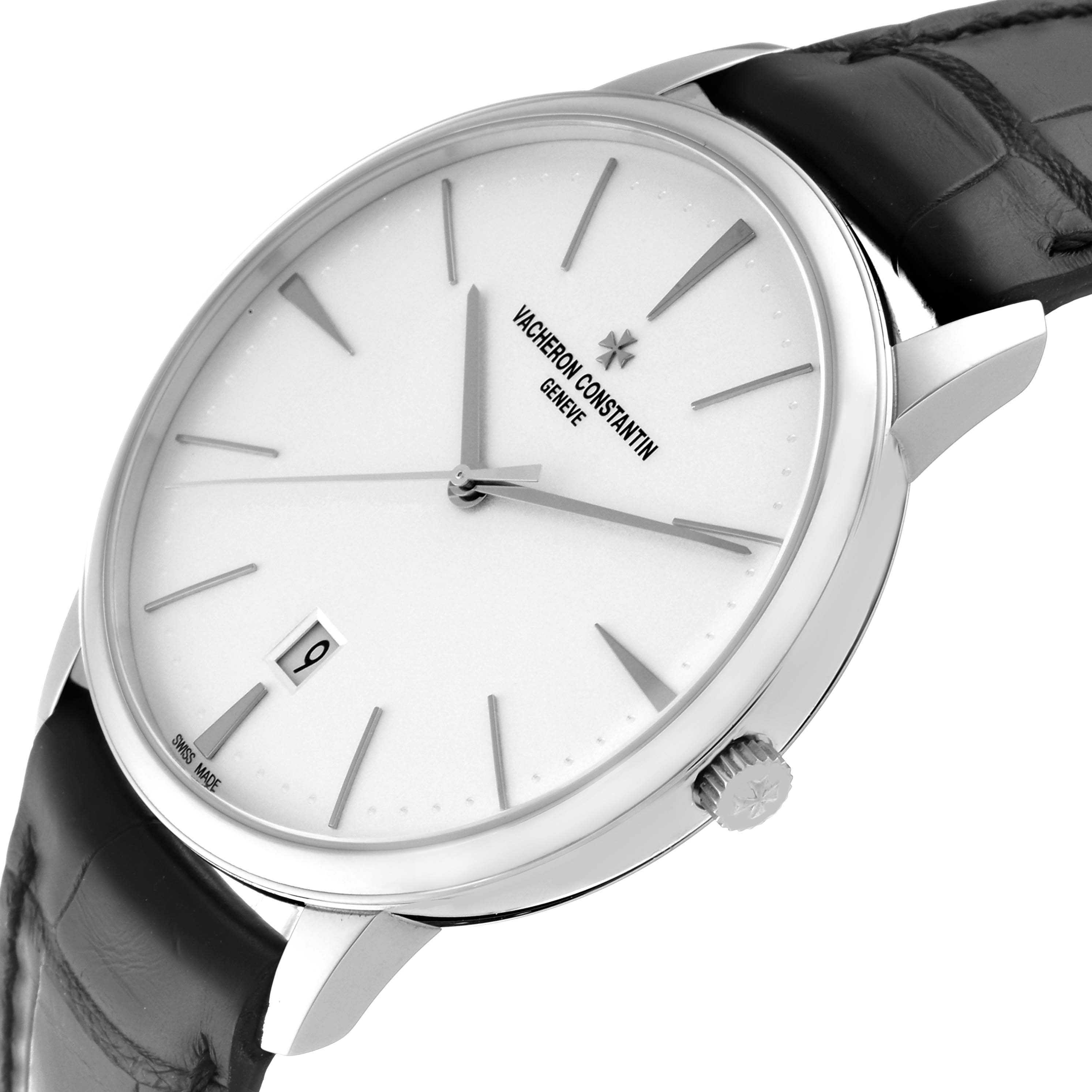This image shows a Vacheron Constantin Patrimony 85180/000G-9230 Men
s White Gold Silver Dial 85180/000G-9230 Men
s White Gold Silver Dial watch angled to display the face, crown, and part of the leather strap.