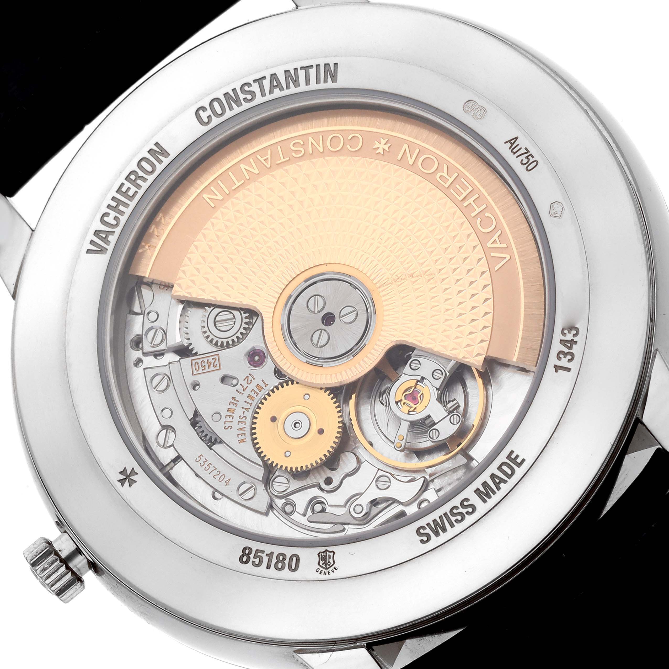 The image shows the back view of the Vacheron Constantin Patrimony 85180/000G-9230 Men
s White Gold Silver Dial 85180/000G-9230 Men
s White Gold Silver Dial watch, highlighting its internal movement and mechanical parts.