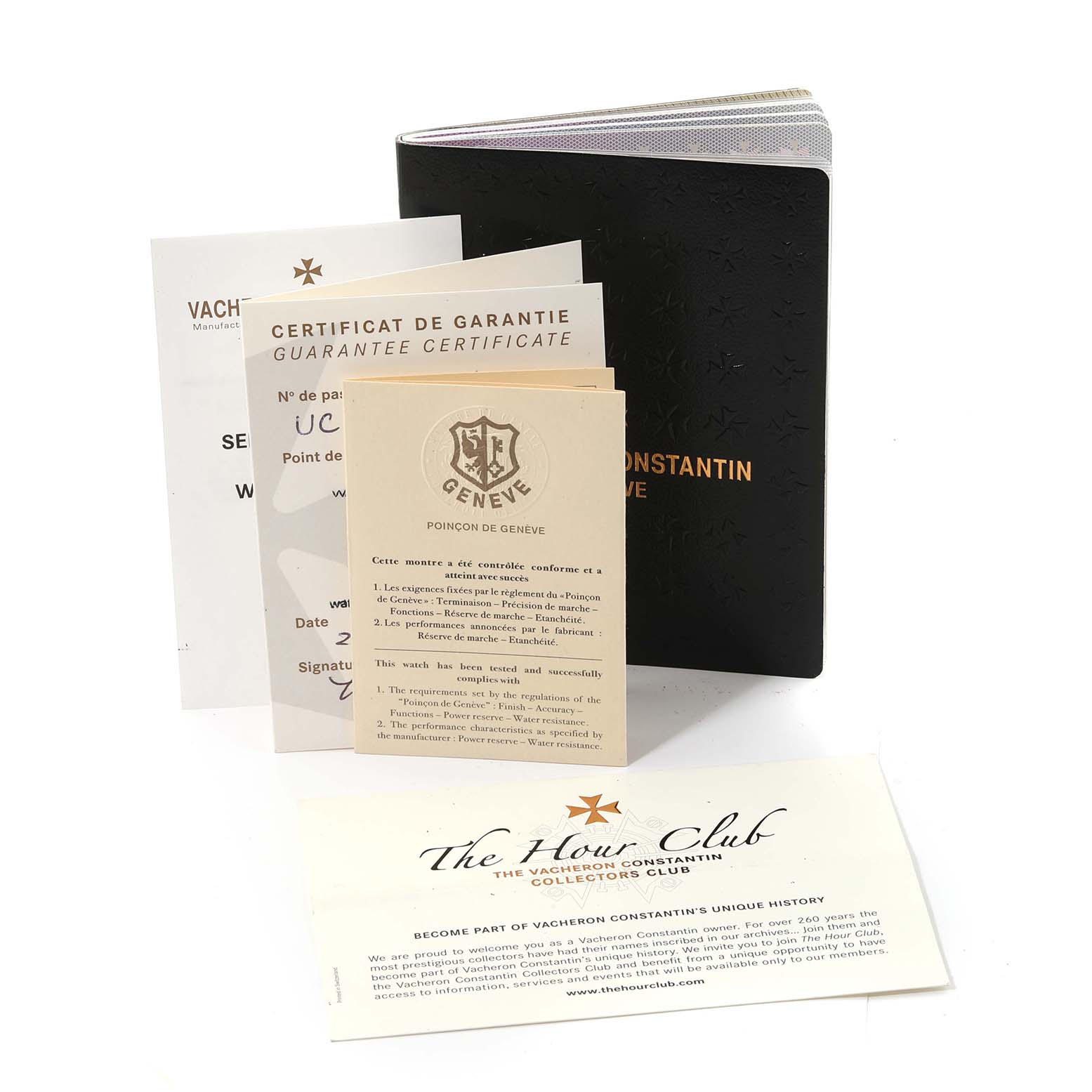 The image shows guarantee certificates, club membership card, and a booklet for the Vacheron Constantin Patrimony 85180/000G-9230 Men
s White Gold Silver Dial 85180/000G-9230 Men
s White Gold Silver Dial watch model.