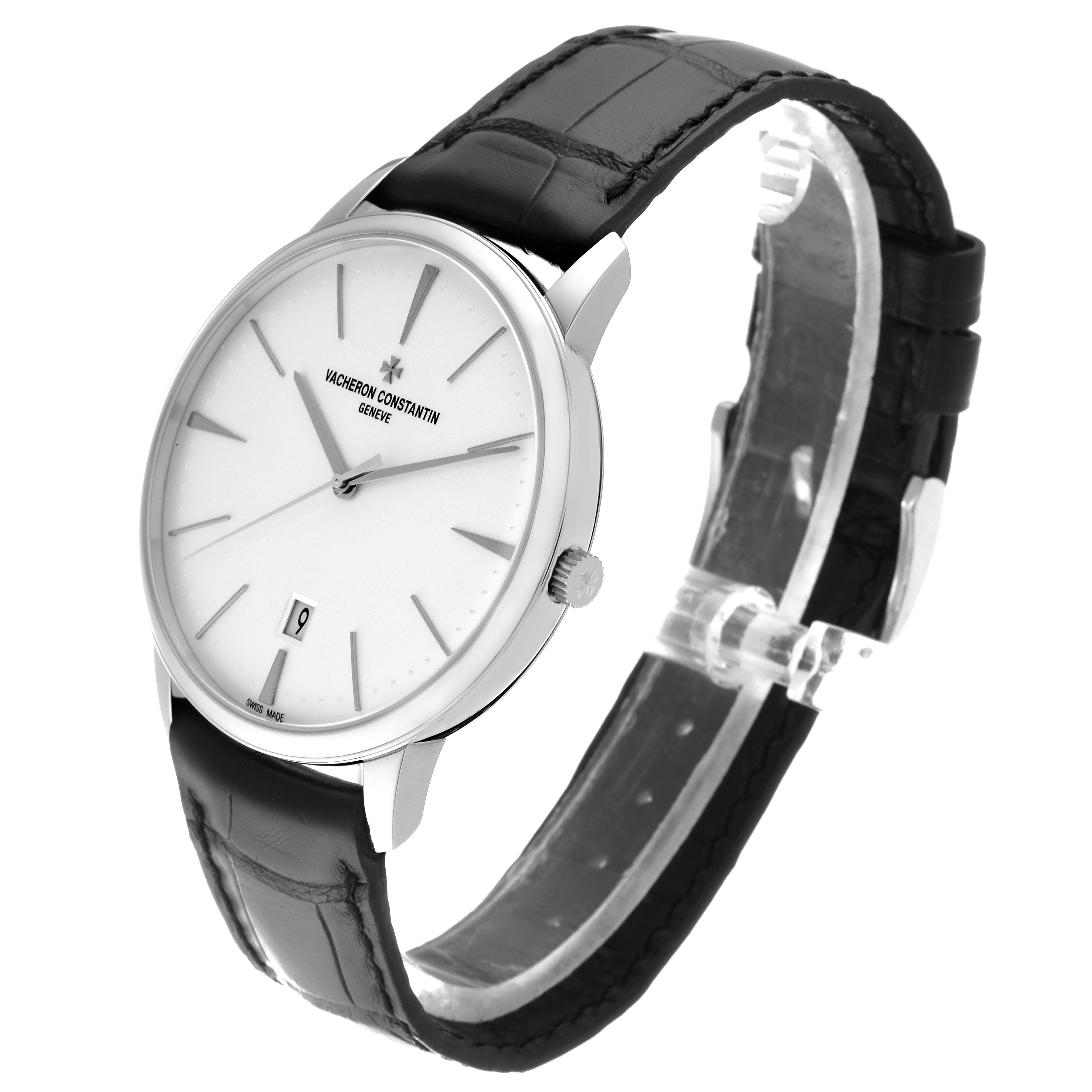 The image shows a side angle view of the Vacheron Constantin Patrimony 85180/000G-9230 Men
s White Gold Silver Dial 85180/000G-9230 Men
s White Gold Silver Dial watch, highlighting its dial, strap, and crown.