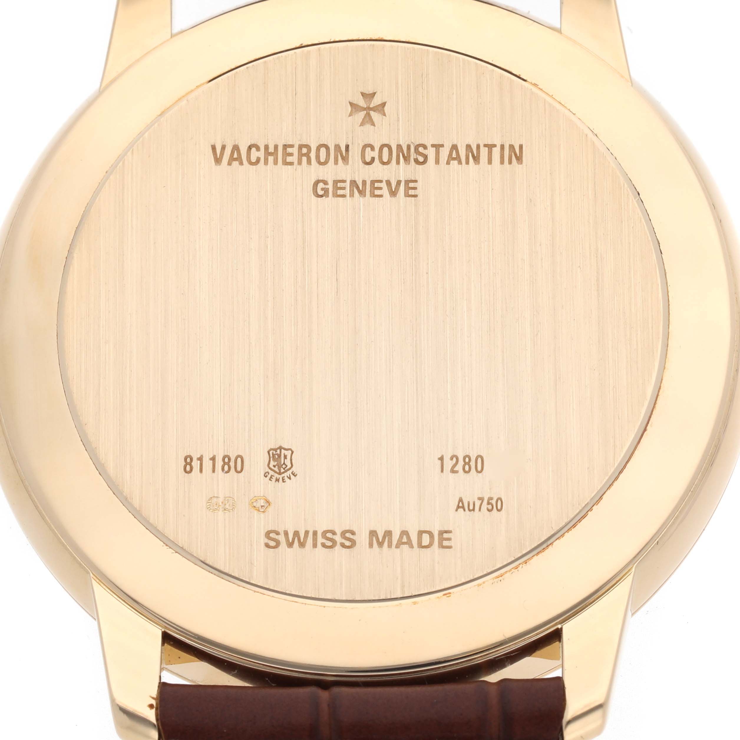 This image shows the case back of the Vacheron Constantin Patrimony 81180/000J-9118 Men's Yellow Gold Silver Dial 81180/000J-9118 Men's Yellow Gold Silver Dial watch, including the brand's engravings and case details.