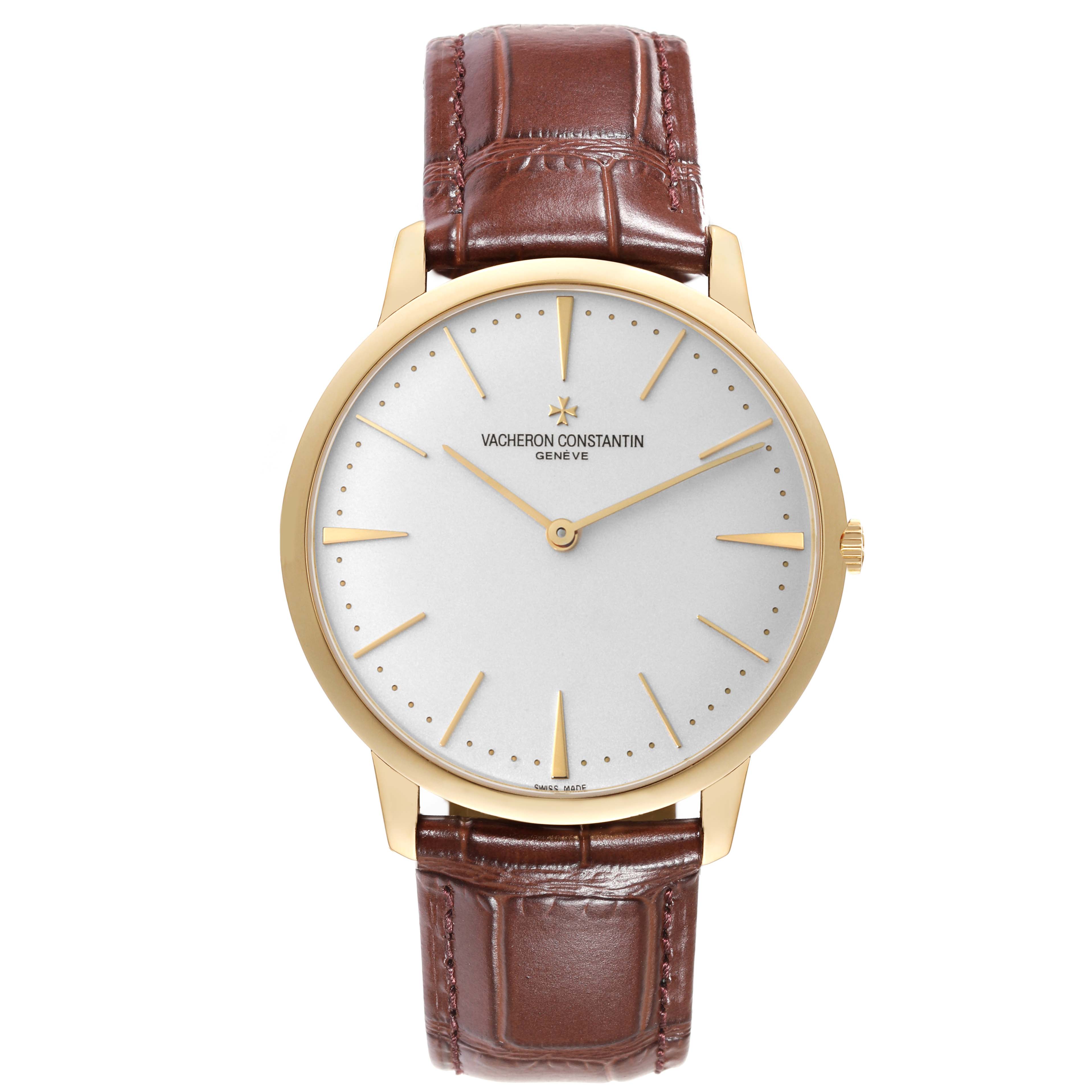 This image displays a Vacheron Constantin Patrimony 81180/000J-9118 Men's Yellow Gold Silver Dial 81180/000J-9118 Men's Yellow Gold Silver Dial watch from the front, showcasing its dial, casing, and leather strap.