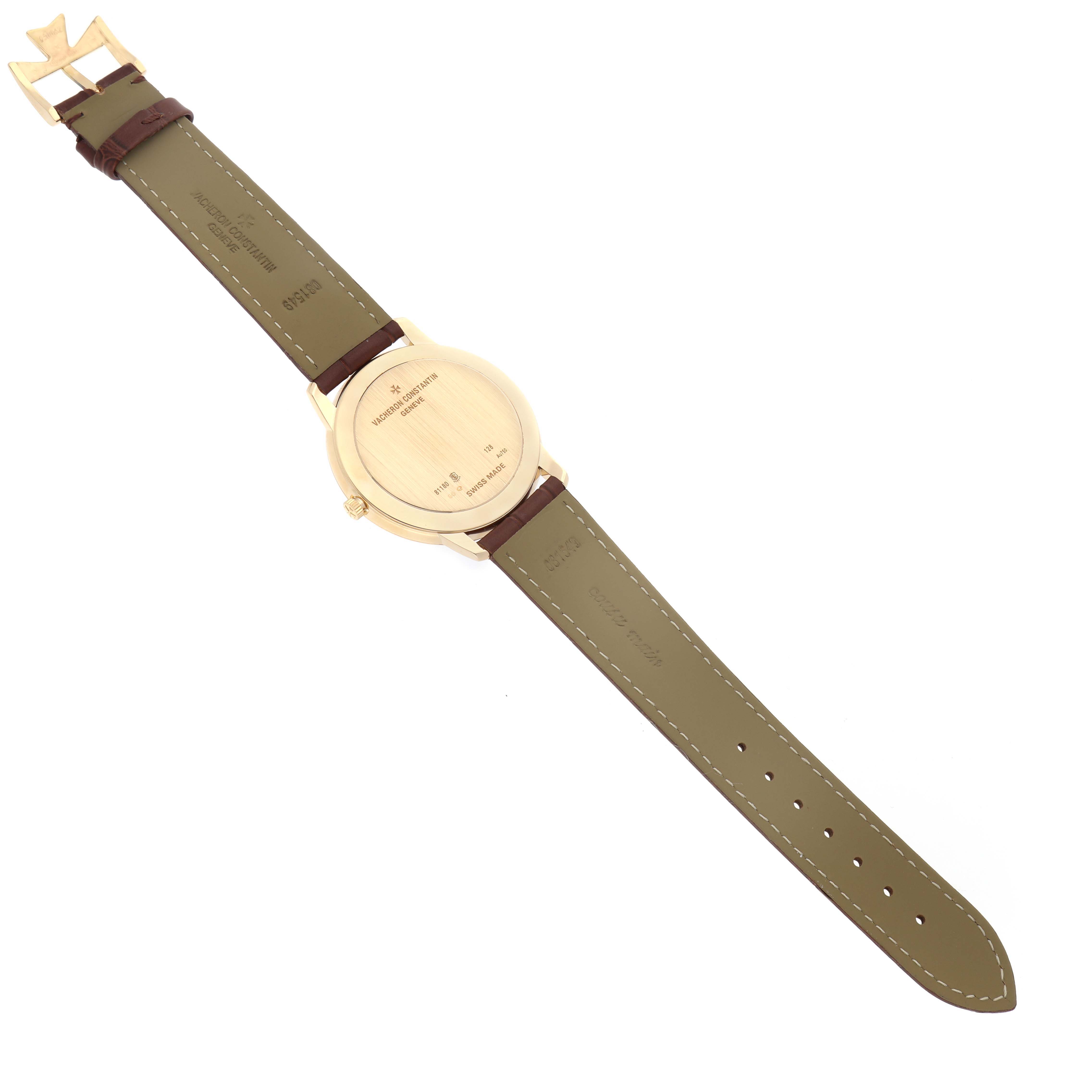 The image shows the rear view of the Vacheron Constantin Patrimony 81180/000J-9118 Men's Yellow Gold Silver Dial 81180/000J-9118 Men's Yellow Gold Silver Dial watch, highlighting its leather strap and case back.