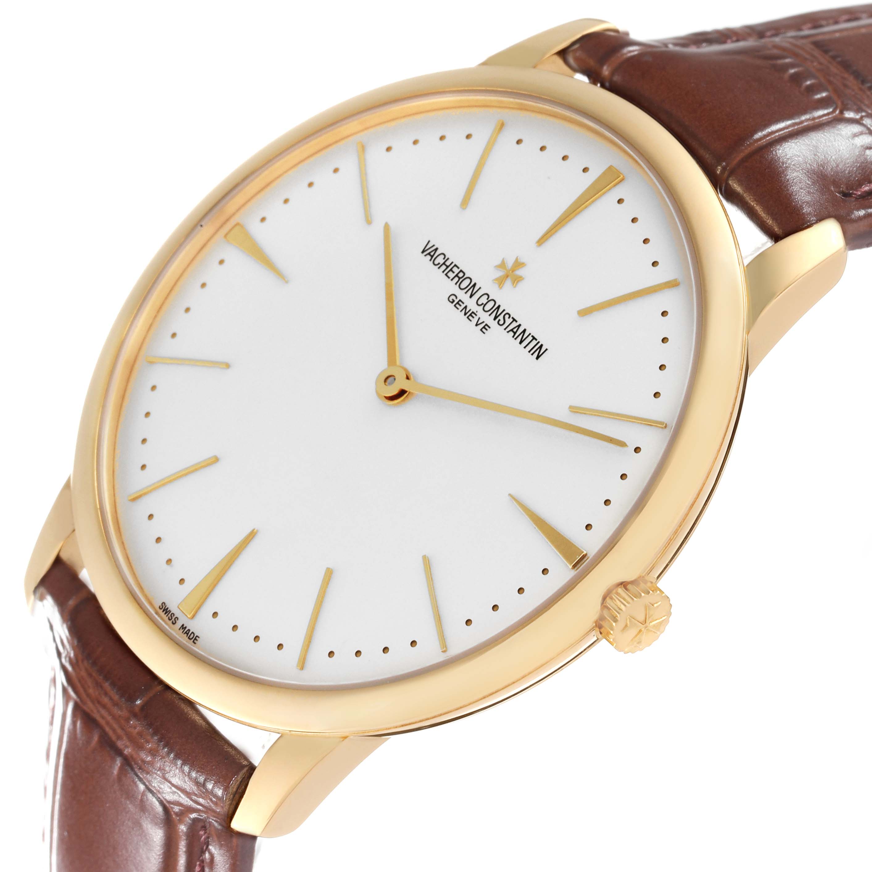 This image shows a close-up angle of the Vacheron Constantin Patrimony 81180/000J-9118 Men's Yellow Gold Silver Dial 81180/000J-9118 Men's Yellow Gold Silver Dial watch, highlighting its gold case, white dial, and brown leather strap.