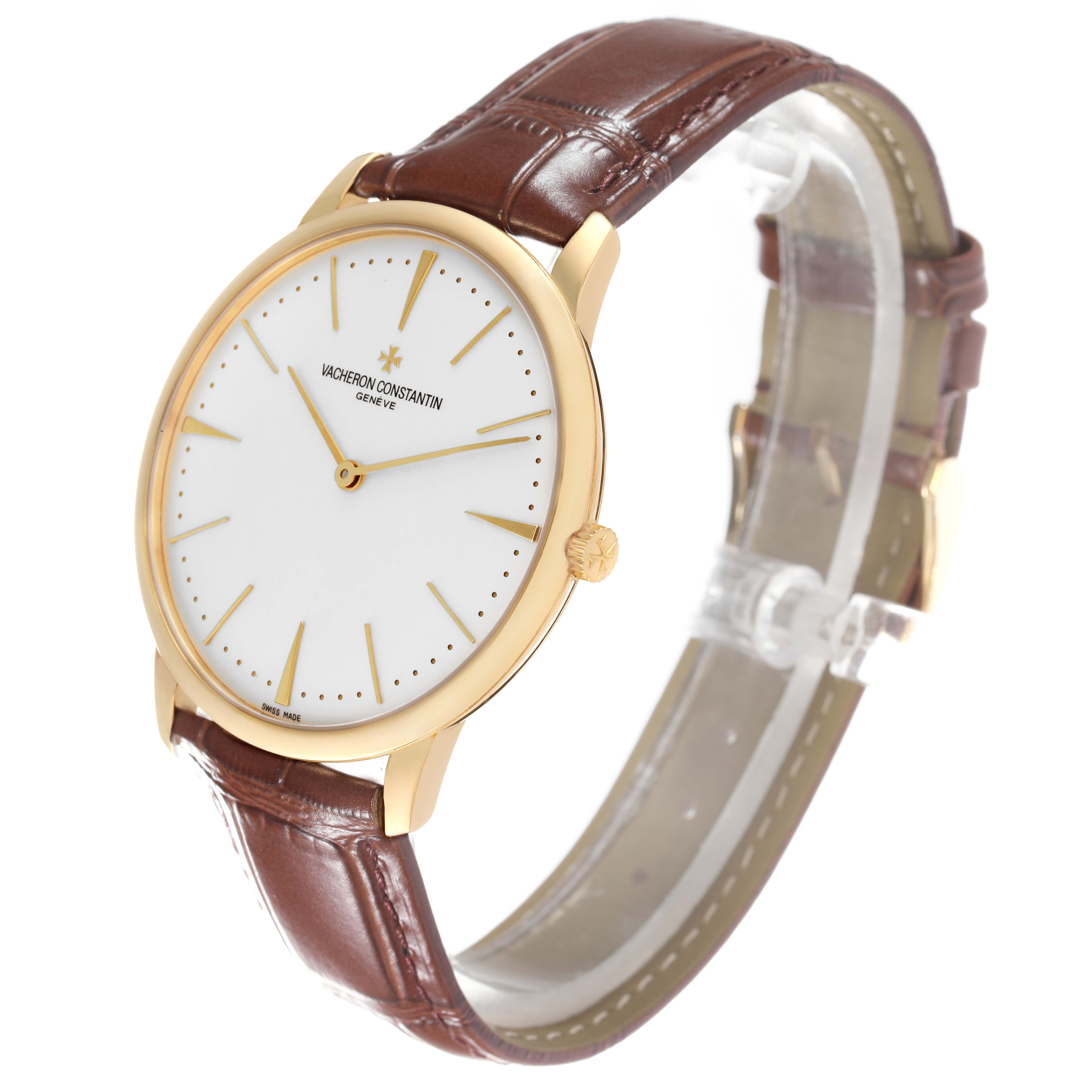 The image shows a Vacheron Constantin Patrimony 81180/000J-9118 Men's Yellow Gold Silver Dial 81180/000J-9118 Men's Yellow Gold Silver Dial watch at a slight angle, highlighting the face, crown, case, and brown leather strap.
