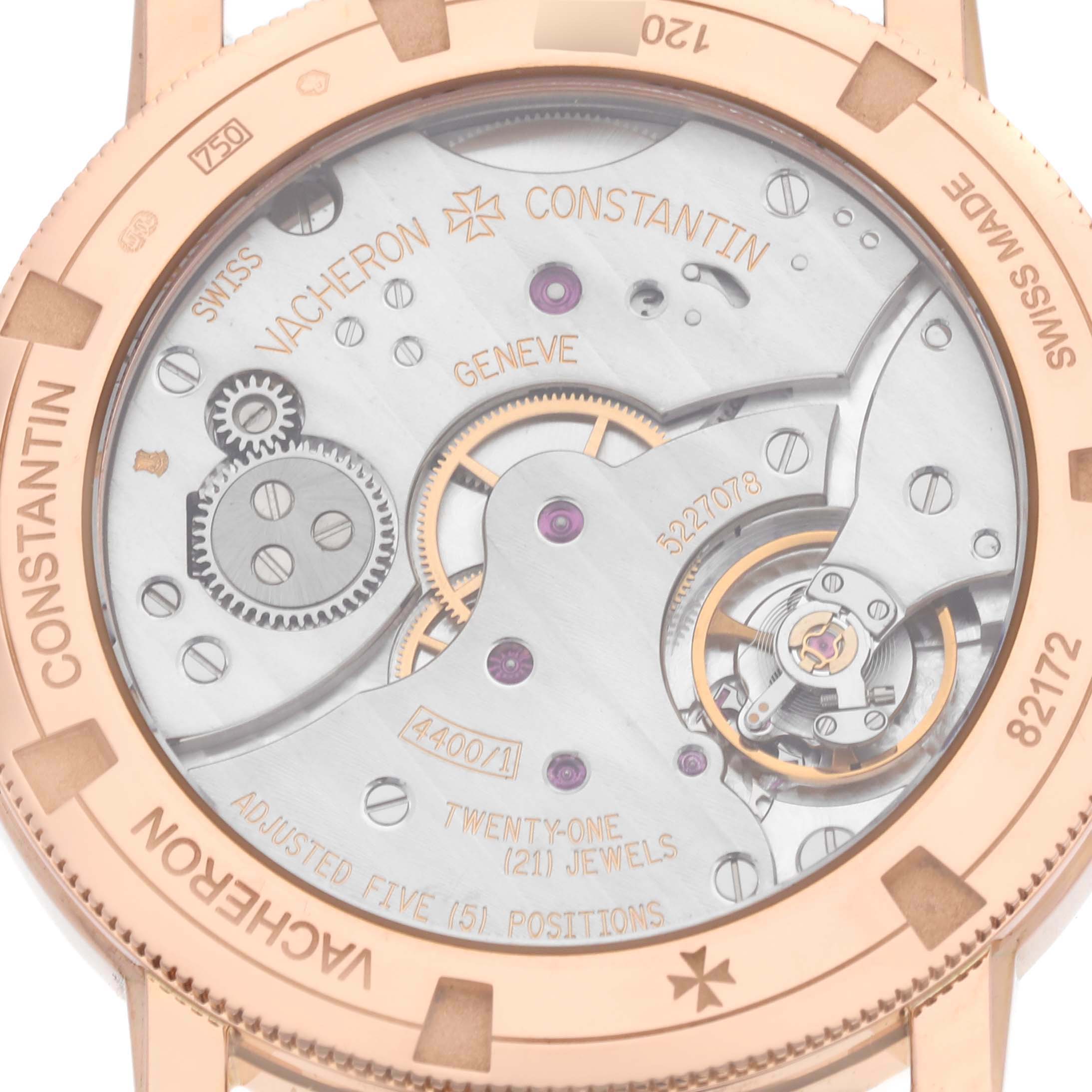 The image shows the back case of a Vacheron Constantin Traditionnelle 82172/000R-9412 Men's Rose Gold Silver Dial 82172/000R-9412 Men's Rose Gold Silver Dial watch, highlighting its intricate mechanical movement.