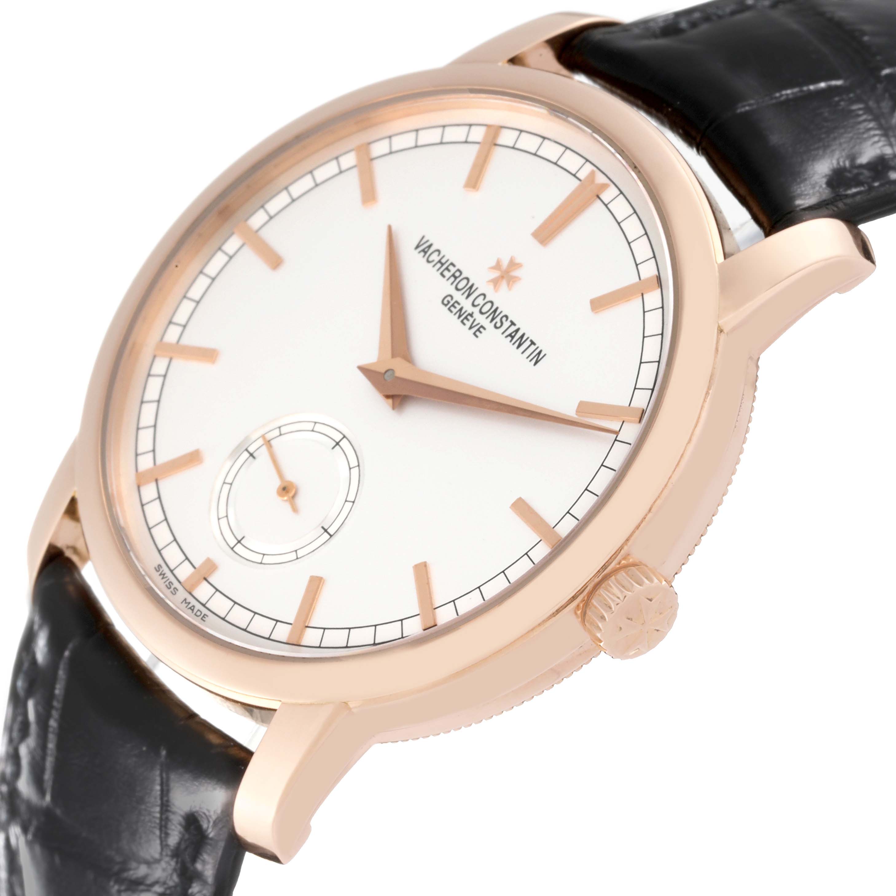 The Vacheron Constantin Traditionnelle 82172/000R-9412 Men's Rose Gold Silver Dial 82172/000R-9412 Men's Rose Gold Silver Dial watch is shown at an angle highlighting the dial, hour markers, hands, and crown.