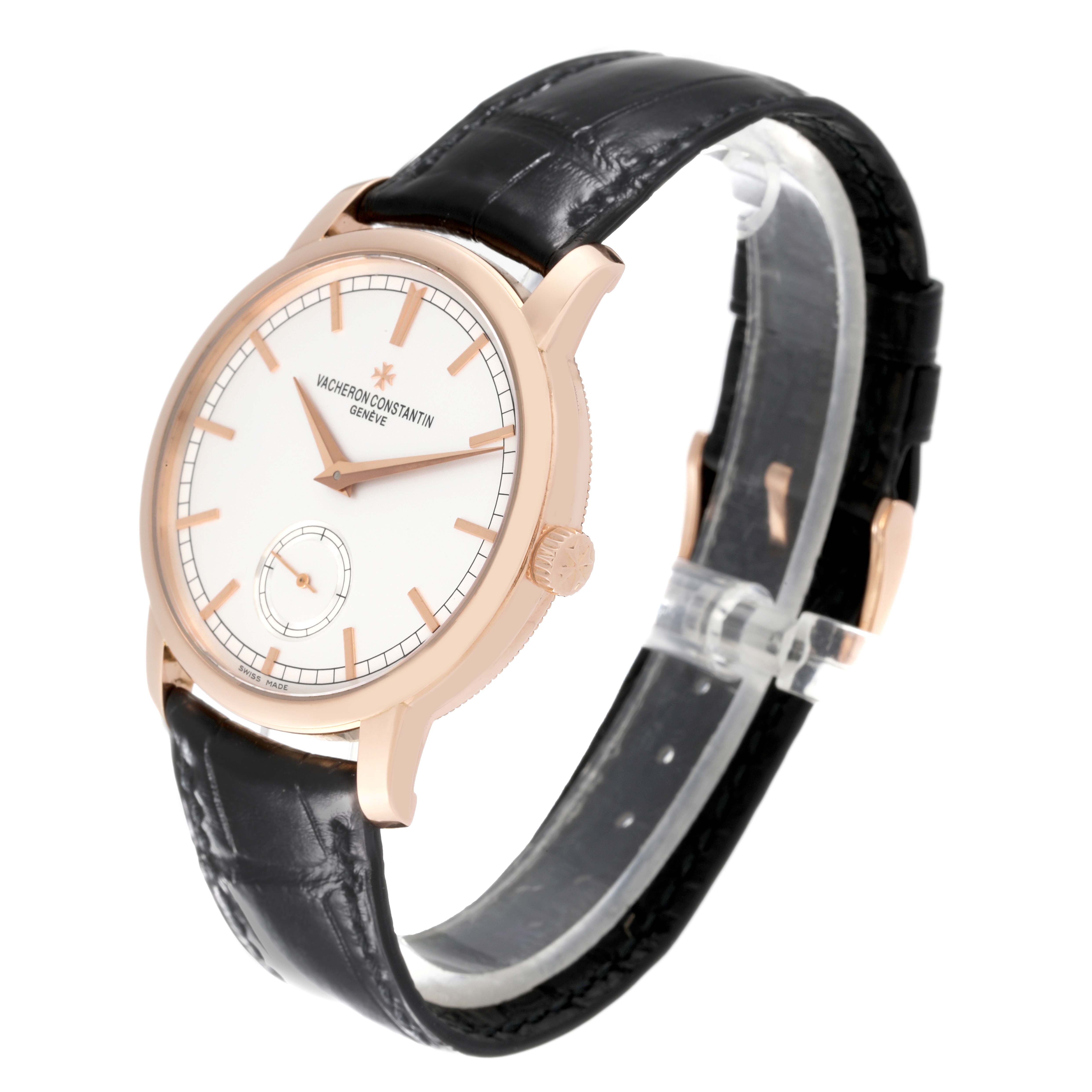 The Vacheron Constantin Traditionnelle 82172/000R-9412 Men's Rose Gold Silver Dial 82172/000R-9412 Men's Rose Gold Silver Dial watch is shown at a front-left angle, displaying the dial, strap, and crown prominently.