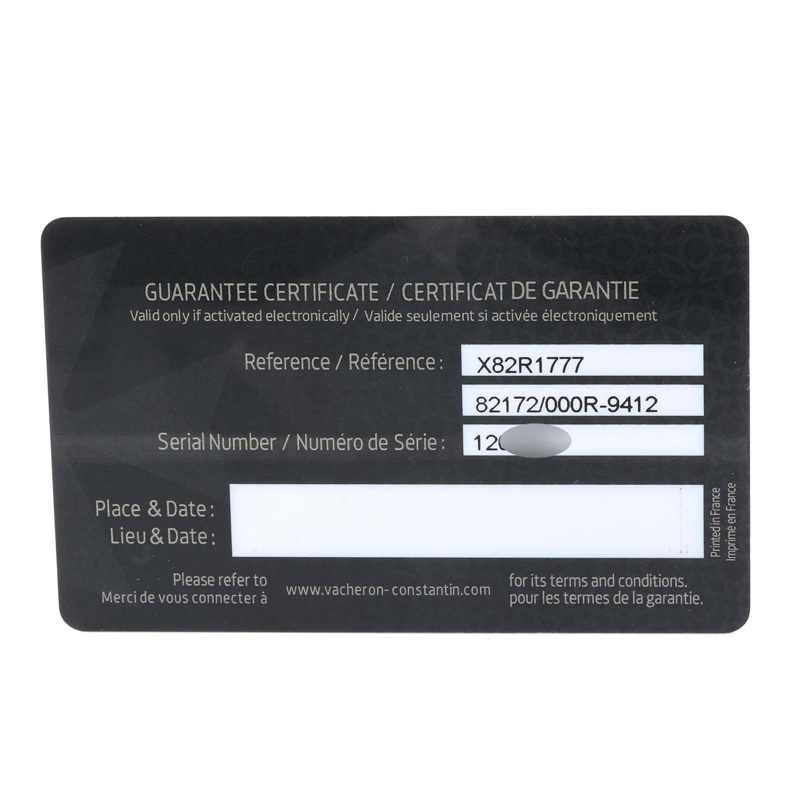 This image shows the guarantee certificate for the Traditionnelle model by Vacheron Constantin.