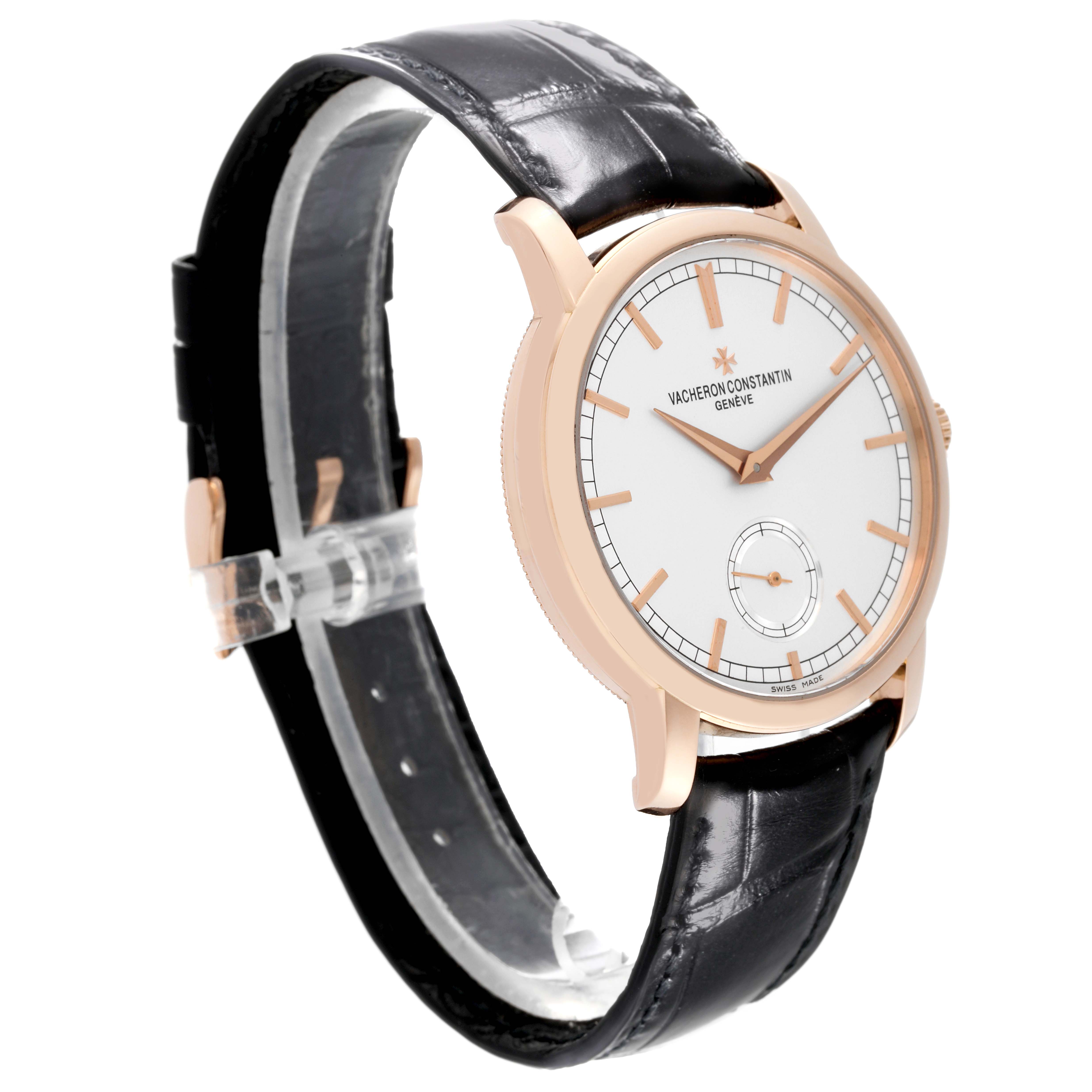 The Vacheron Constantin Traditionnelle 82172/000R-9412 Men's Rose Gold Silver Dial 82172/000R-9412 Men's Rose Gold Silver Dial watch is shown at a slight angle displaying the dial, case, strap, and buckle.