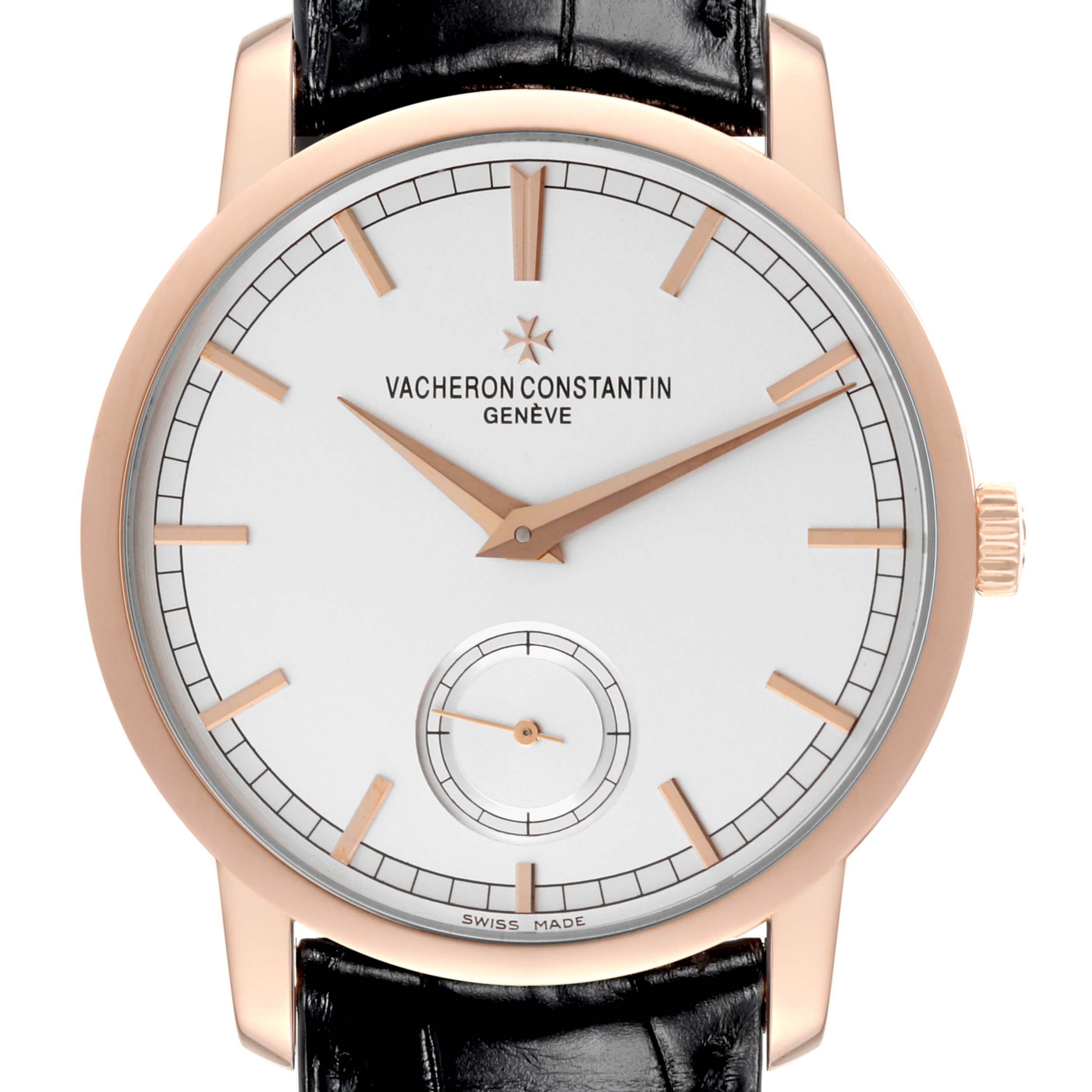 This image shows a front view of the Vacheron Constantin Traditionnelle 82172/000R-9412 Men's Rose Gold Silver Dial 82172/000R-9412 Men's Rose Gold Silver Dial watch, clearly displaying its face, hands, and black leather strap.
