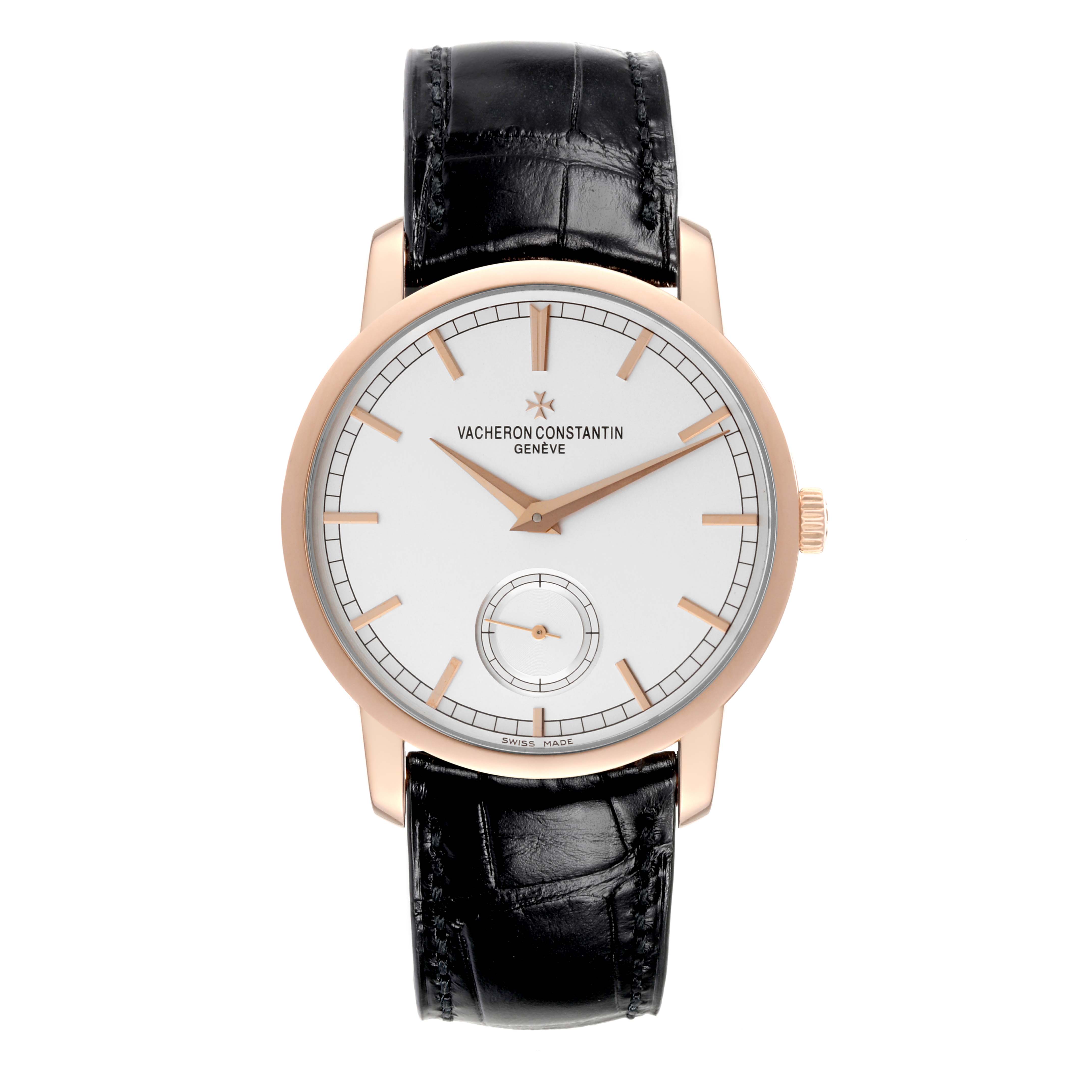 The Vacheron Constantin Traditionnelle 82172/000R-9412 Men's Rose Gold Silver Dial 82172/000R-9412 Men's Rose Gold Silver Dial watch is shown from a top-down angle, displaying its dial, hands, markers, and black leather strap.