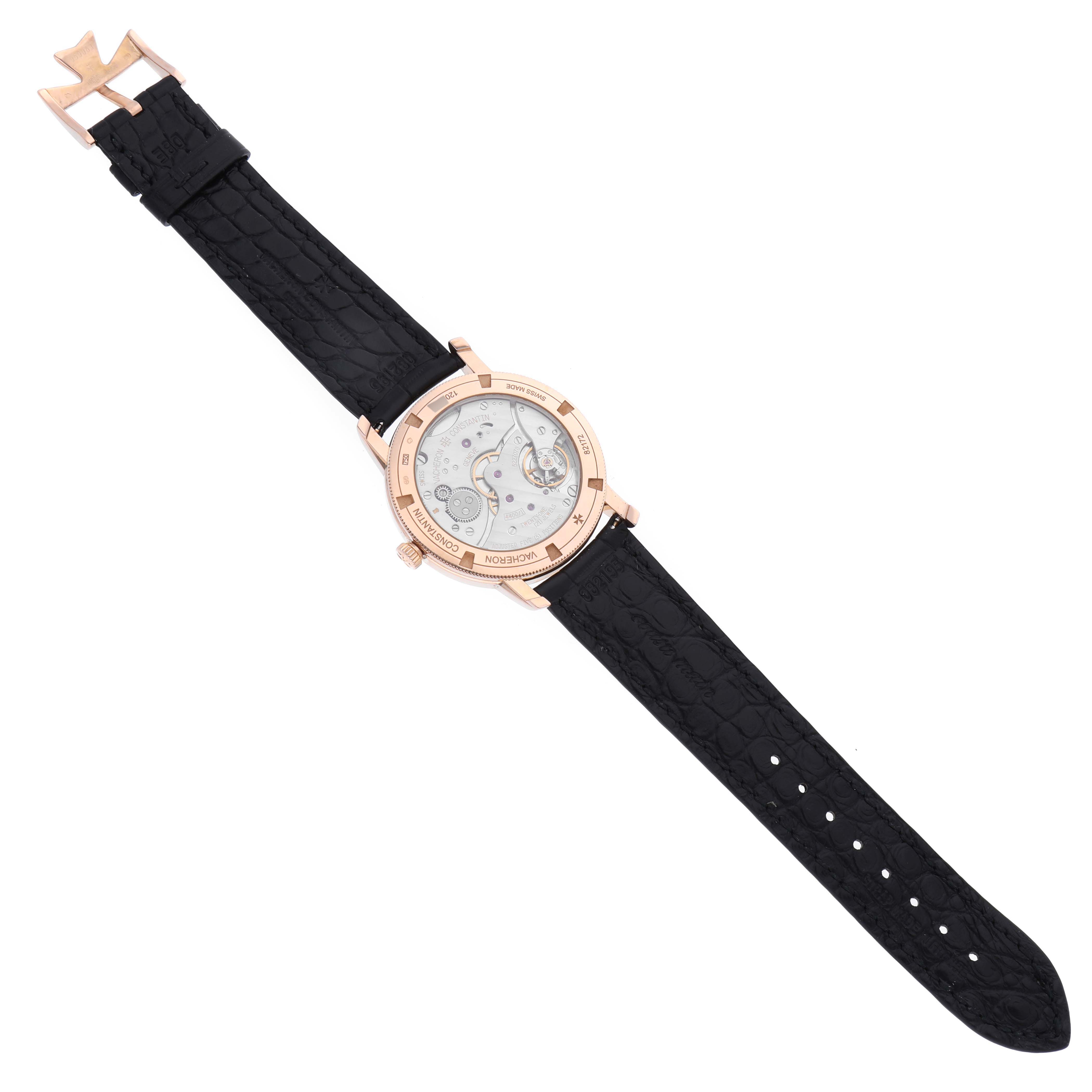 The image shows the back view of a Vacheron Constantin Traditionnelle 82172/000R-9412 Men's Rose Gold Silver Dial 82172/000R-9412 Men's Rose Gold Silver Dial watch, featuring its mechanical movement and a black strap.