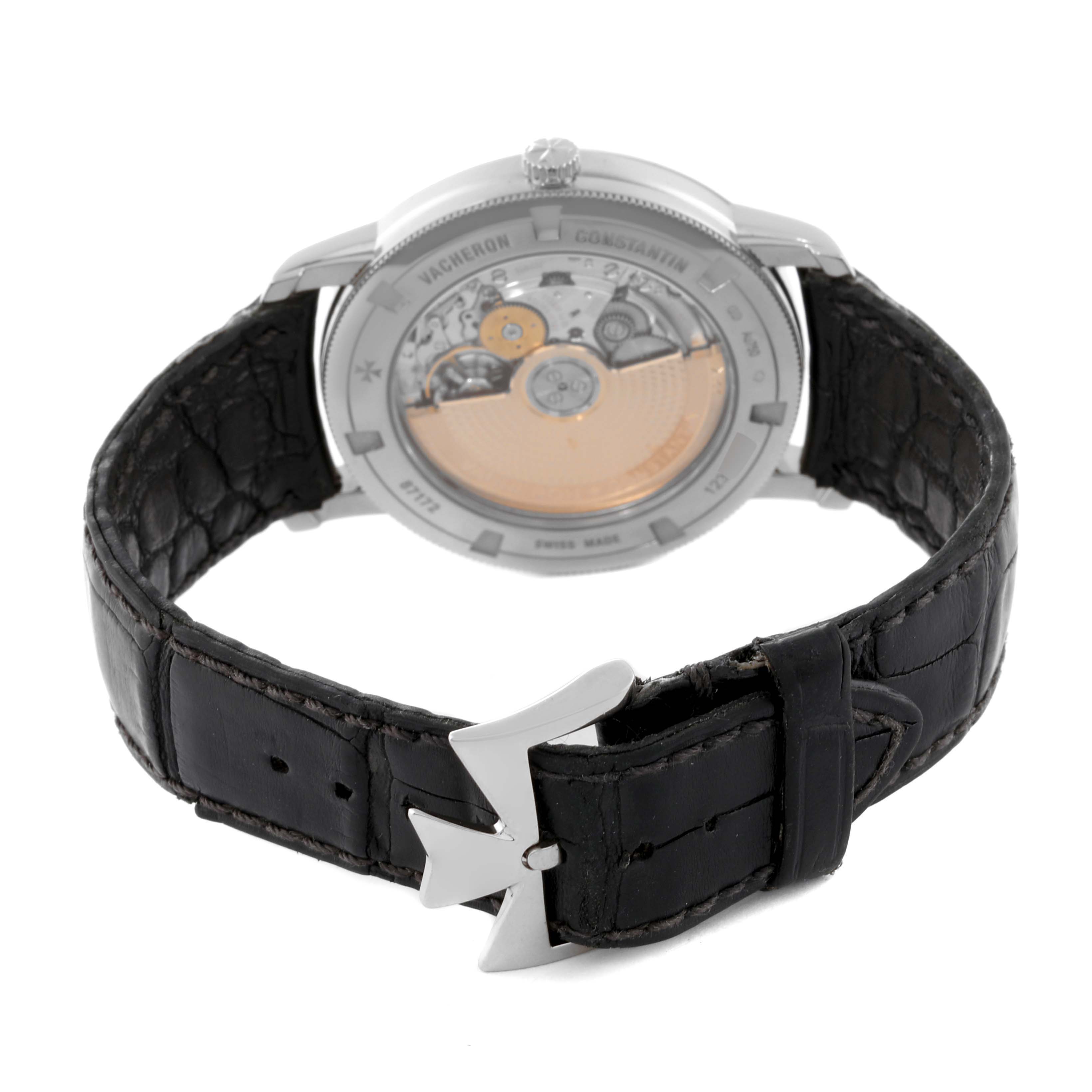 The image shows the back view and buckle of a Vacheron Constantin Traditionnelle 87172/000G-9601 Men's White Gold Silver Dial 87172/000G-9601 Men's White Gold Silver Dial watch with a black leather strap.