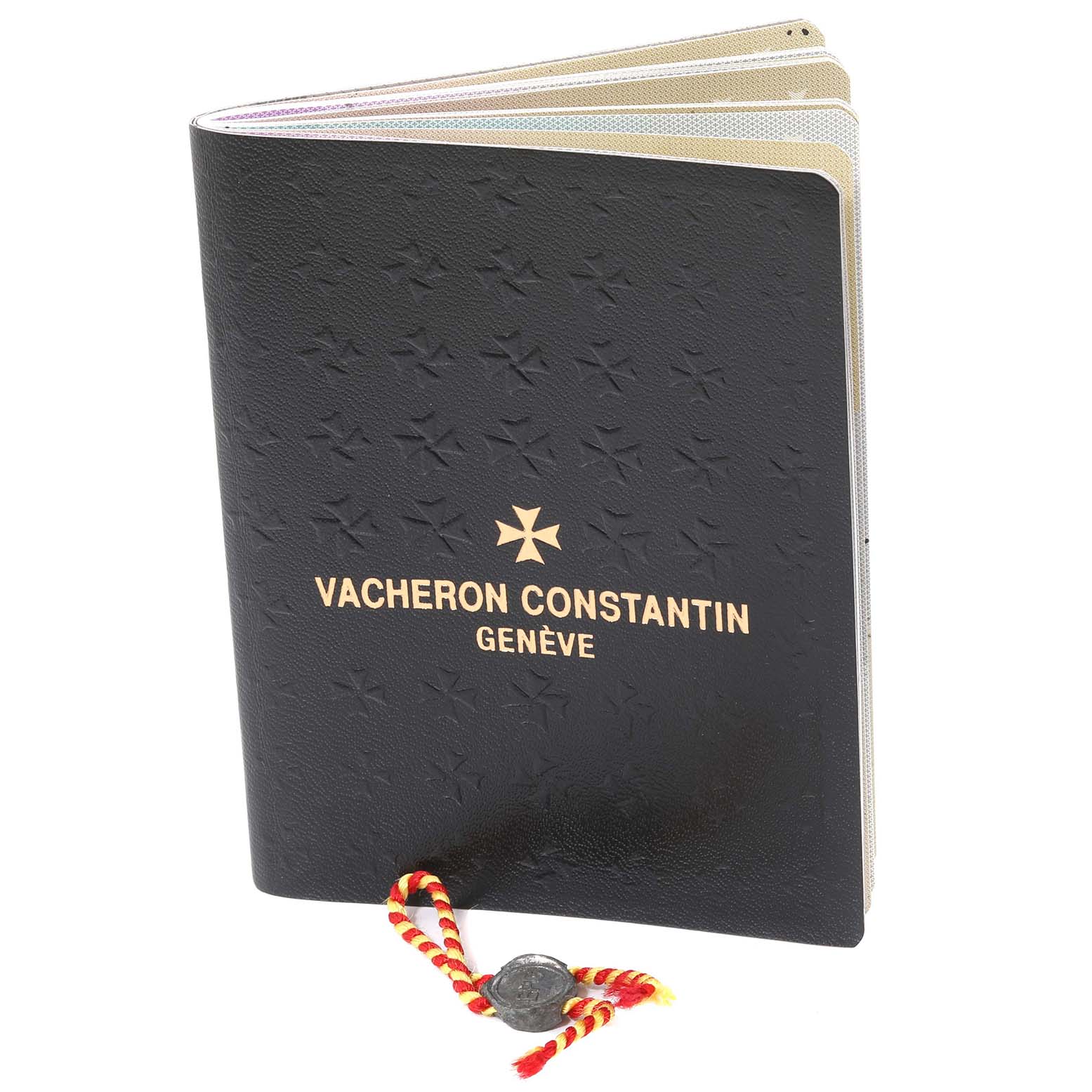 The image shows a Vacheron Constantin Traditionnelle 87172/000G-9601 Men's White Gold Silver Dial 87172/000G-9601 Men's White Gold Silver Dial model watch's black warranty booklet from a front angle.