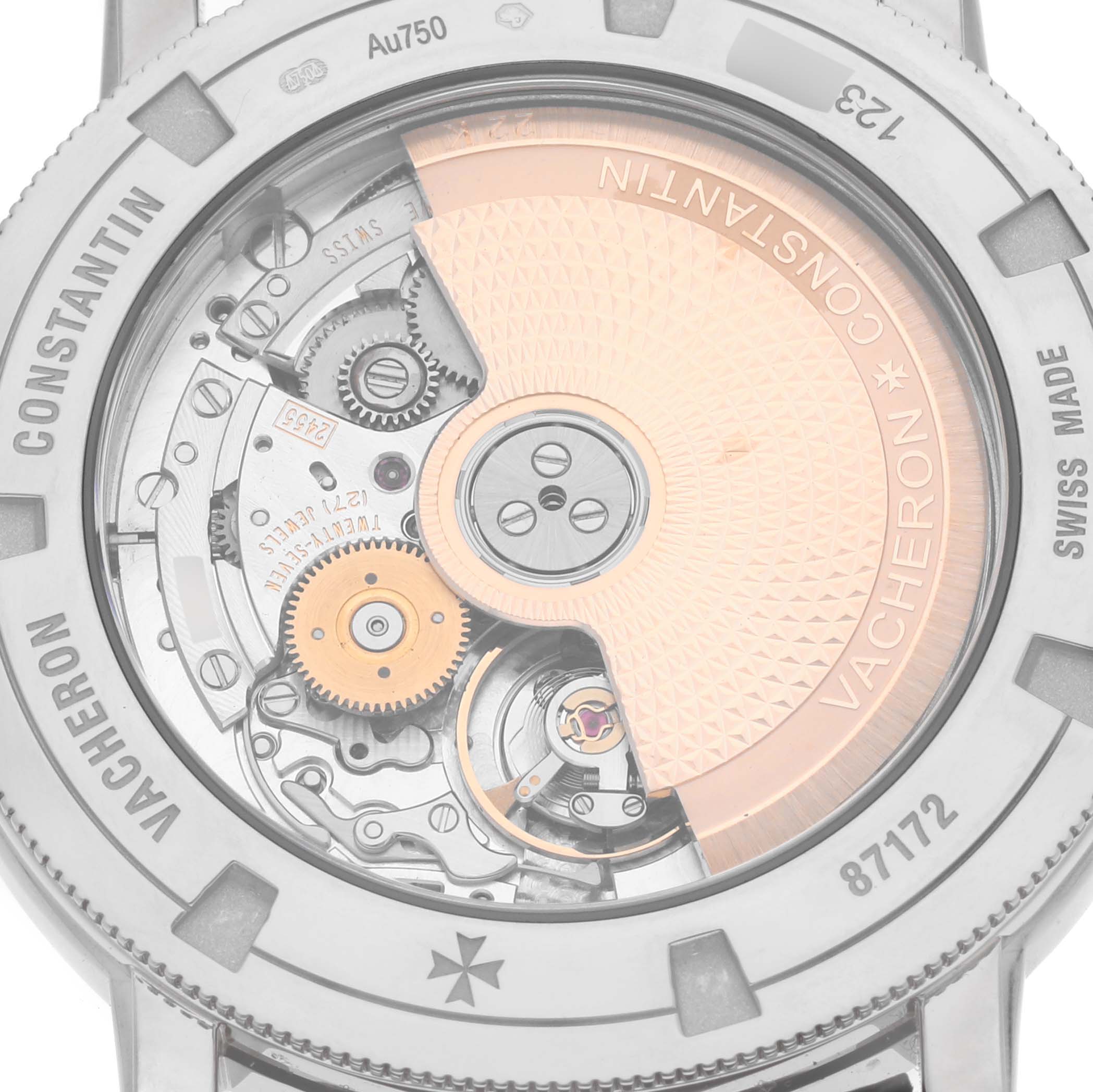 The image features the back view of the Vacheron Constantin Traditionnelle 87172/000G-9601 Men's White Gold Silver Dial 87172/000G-9601 Men's White Gold Silver Dial model, showcasing its intricate mechanical movement.