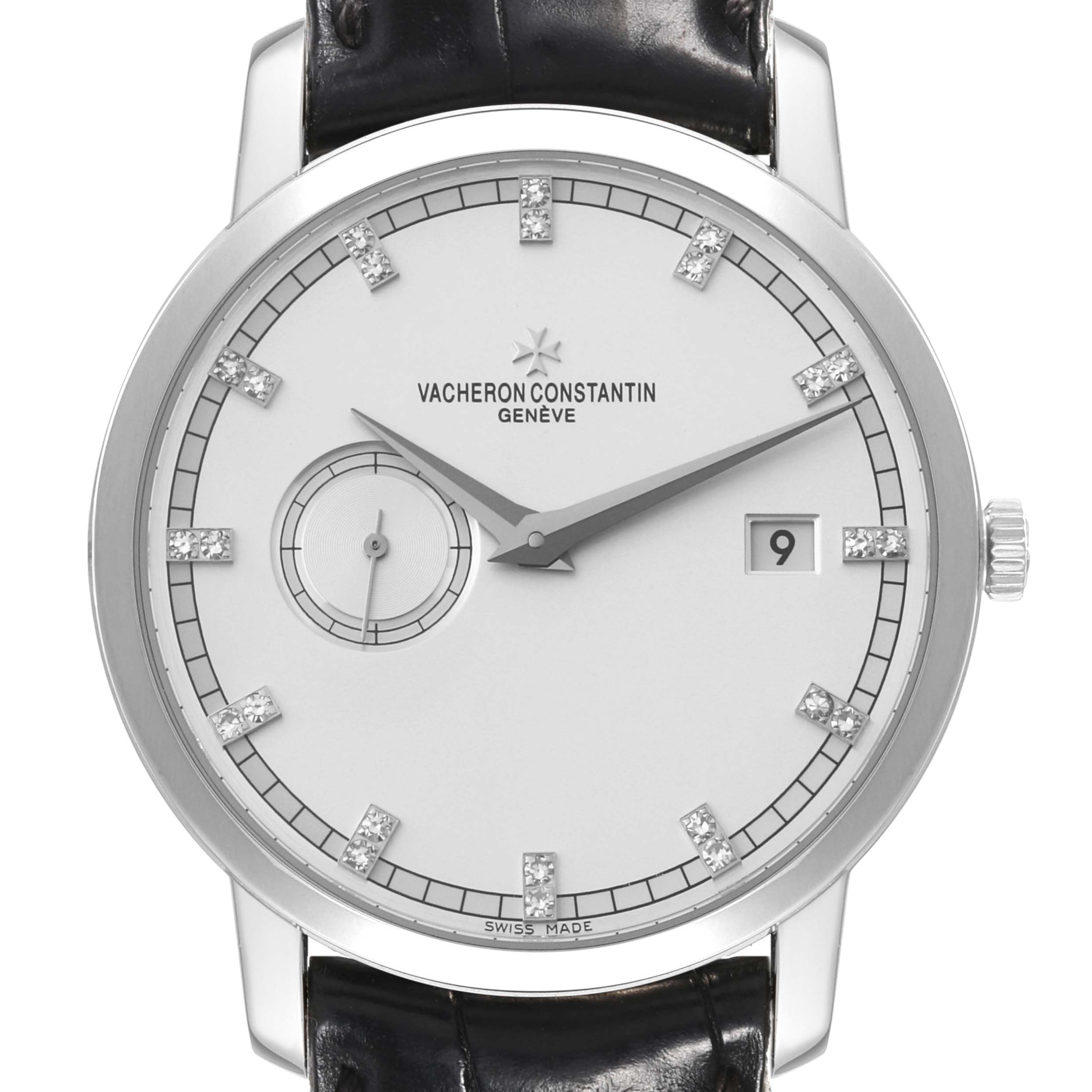 The image shows a front view of the Vacheron Constantin Traditionnelle 87172/000G-9601 Men's White Gold Silver Dial 87172/000G-9601 Men's White Gold Silver Dial watch, displaying the dial, hands, date window, and leather strap.