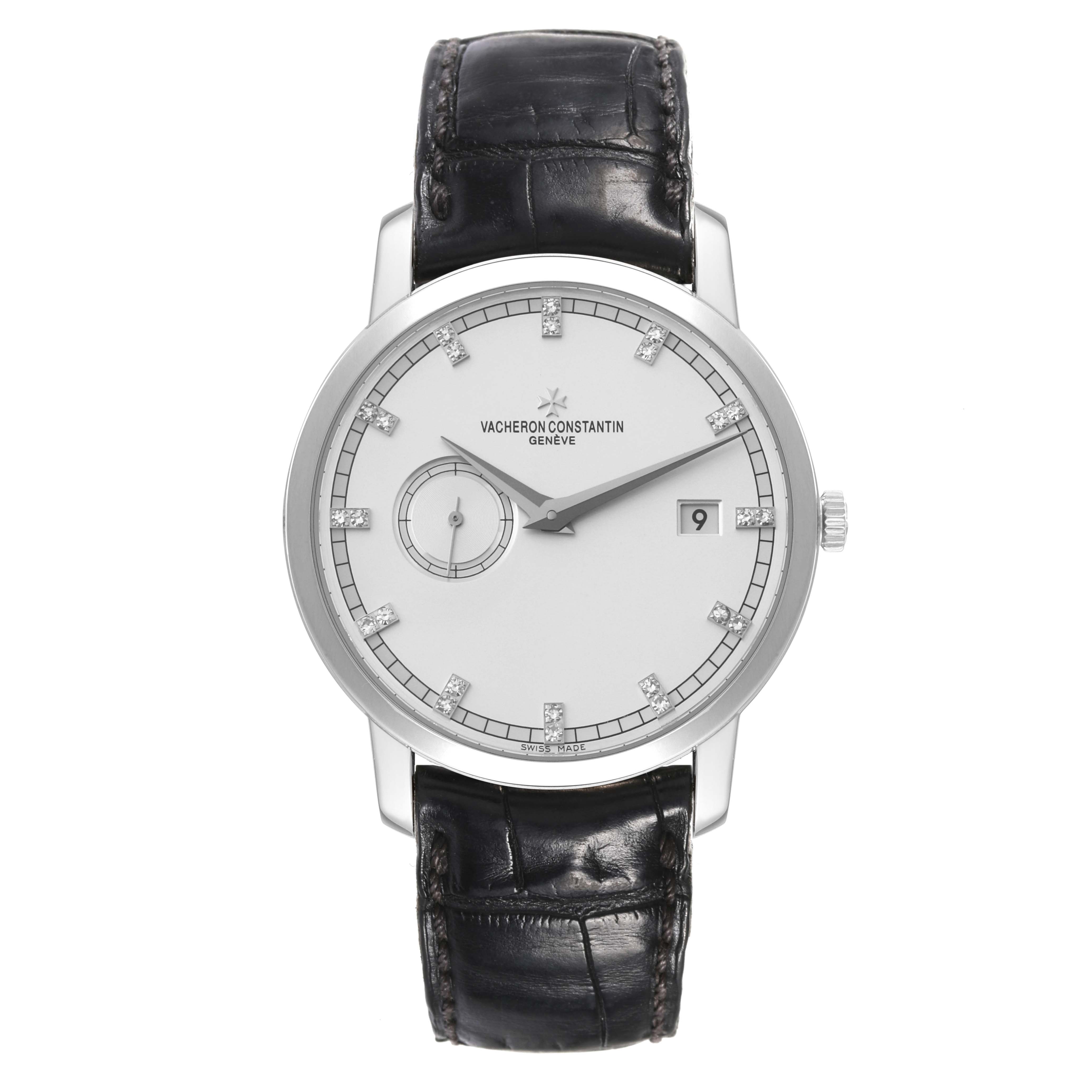 This image shows a front view of the Vacheron Constantin Traditionnelle 87172/000G-9601 Men's White Gold Silver Dial 87172/000G-9601 Men's White Gold Silver Dial watch with a black leather strap and silver case.