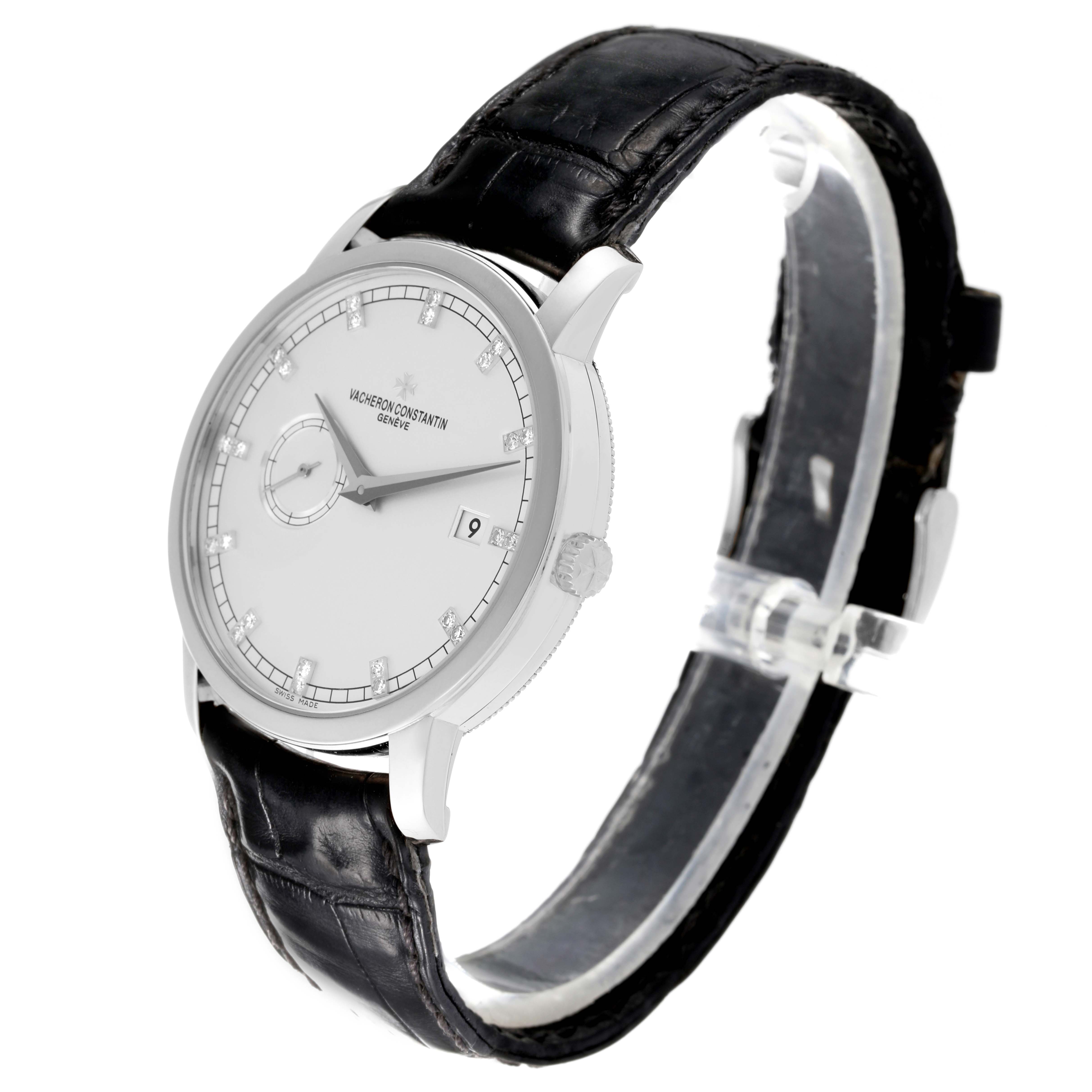 The Vacheron Constantin Traditionnelle 87172/000G-9601 Men's White Gold Silver Dial 87172/000G-9601 Men's White Gold Silver Dial watch is shown at a three-quarter profile with a black leather strap, white dial, and date display.
