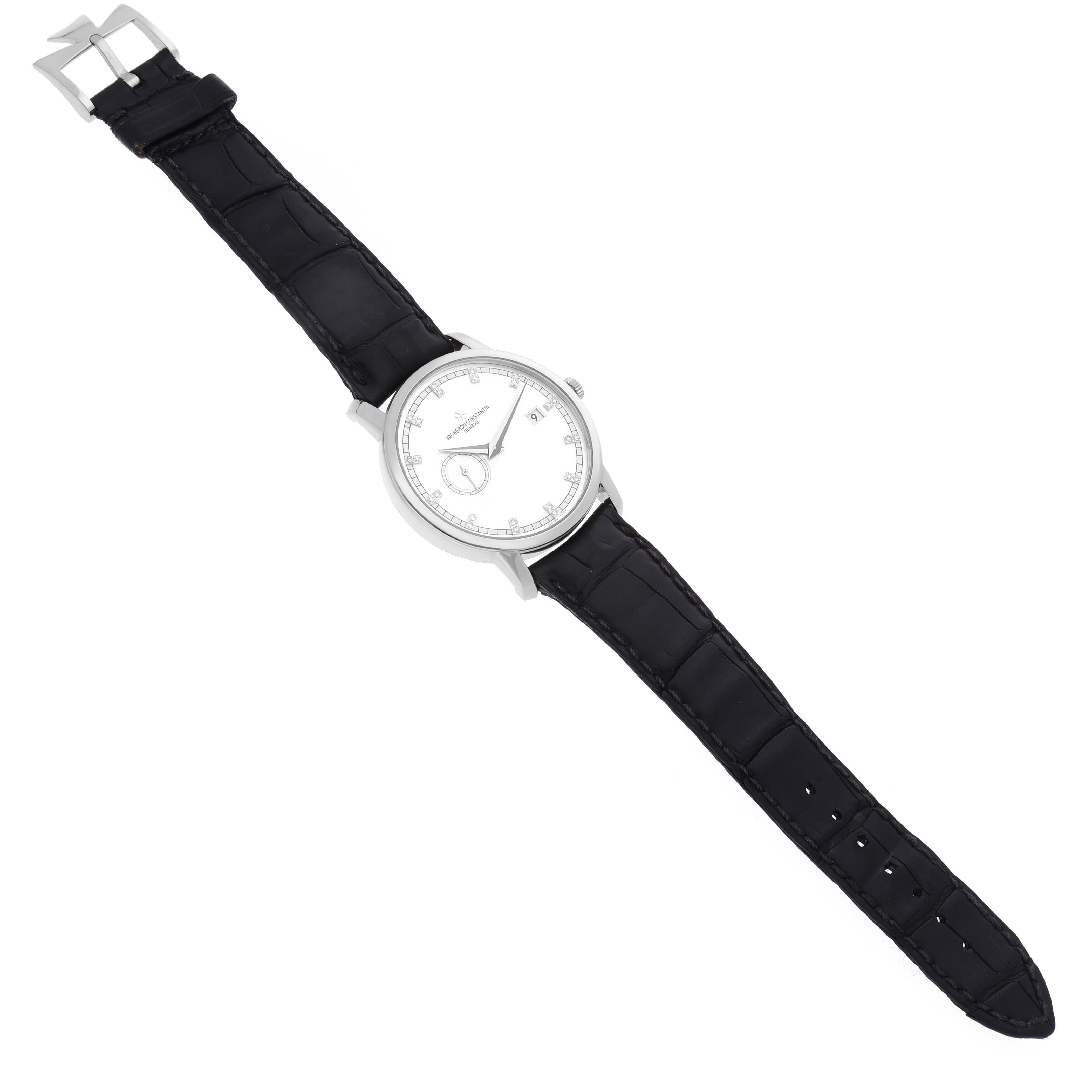 This Vacheron Constantin Traditionnelle 87172/000G-9601 Men's White Gold Silver Dial 87172/000G-9601 Men's White Gold Silver Dial watch is displayed flat, showing the dial, case, strap, and buckle from above.