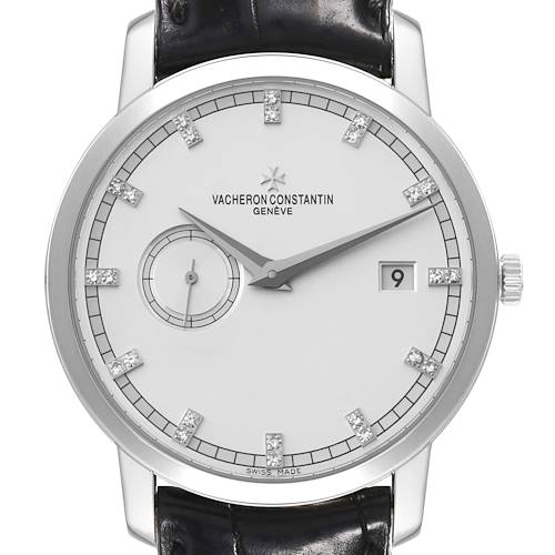 This is a front view of the Vacheron Constantin Traditionnelle watch, showcasing its face, dial, and hour markers.