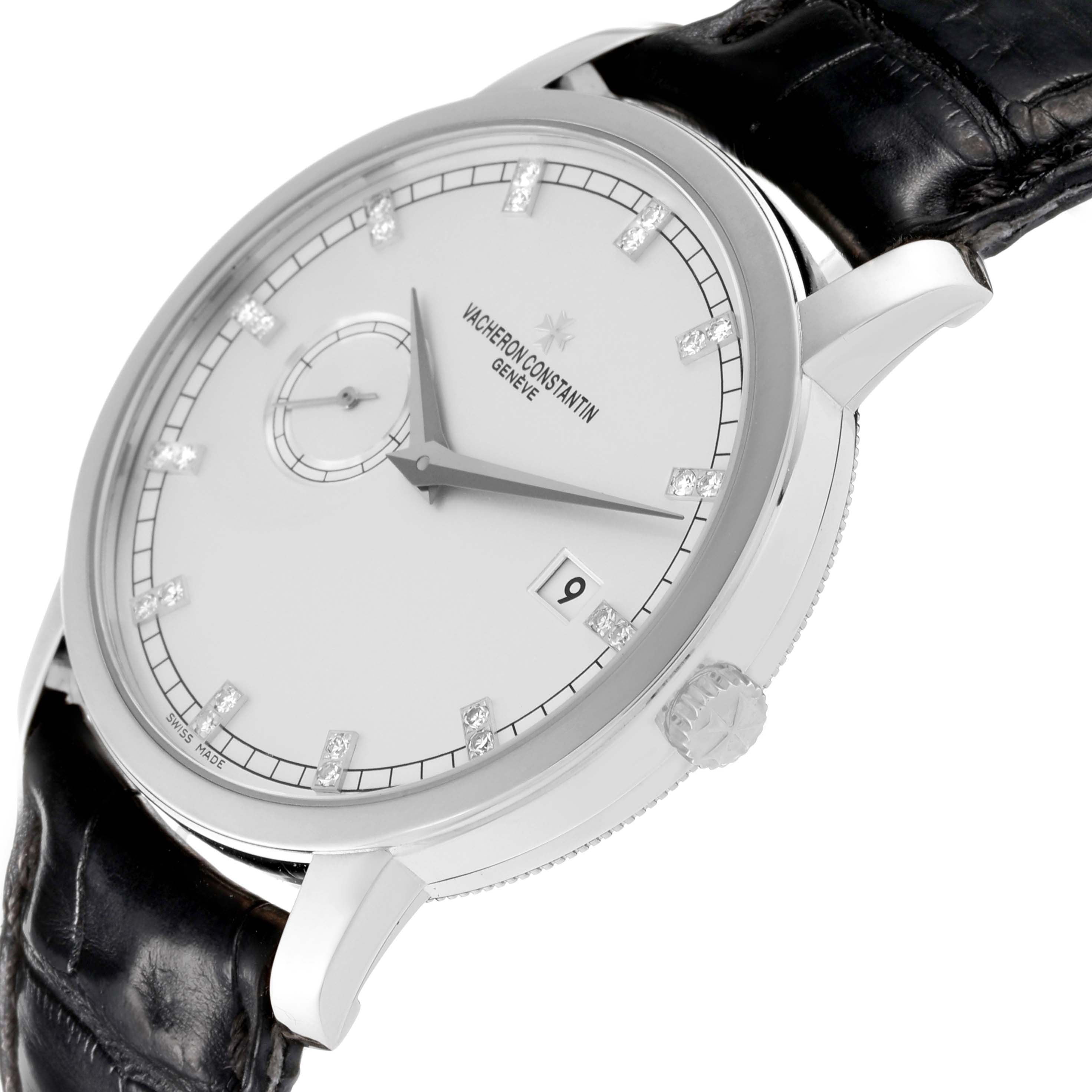 The Vacheron Constantin Traditionnelle 87172/000G-9601 Men's White Gold Silver Dial 87172/000G-9601 Men's White Gold Silver Dial watch is shown at an angle displaying the dial, case, crown, and part of the leather strap.