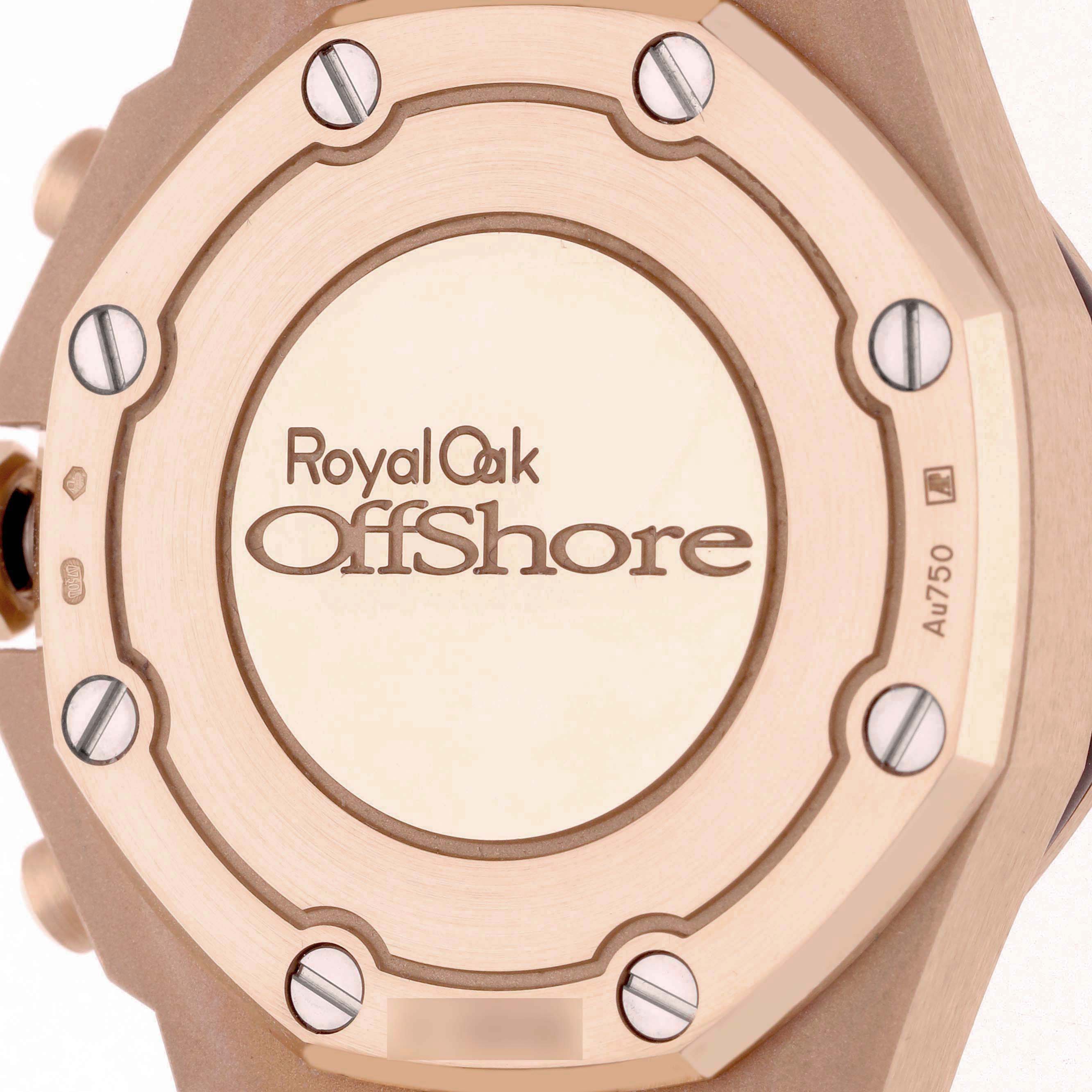 The image shows the back case of the Audemars Piguet Royal Oak Offshore 26231OR Men
s Rose Gold Silver Dial watch, featuring its logo and signature screws.