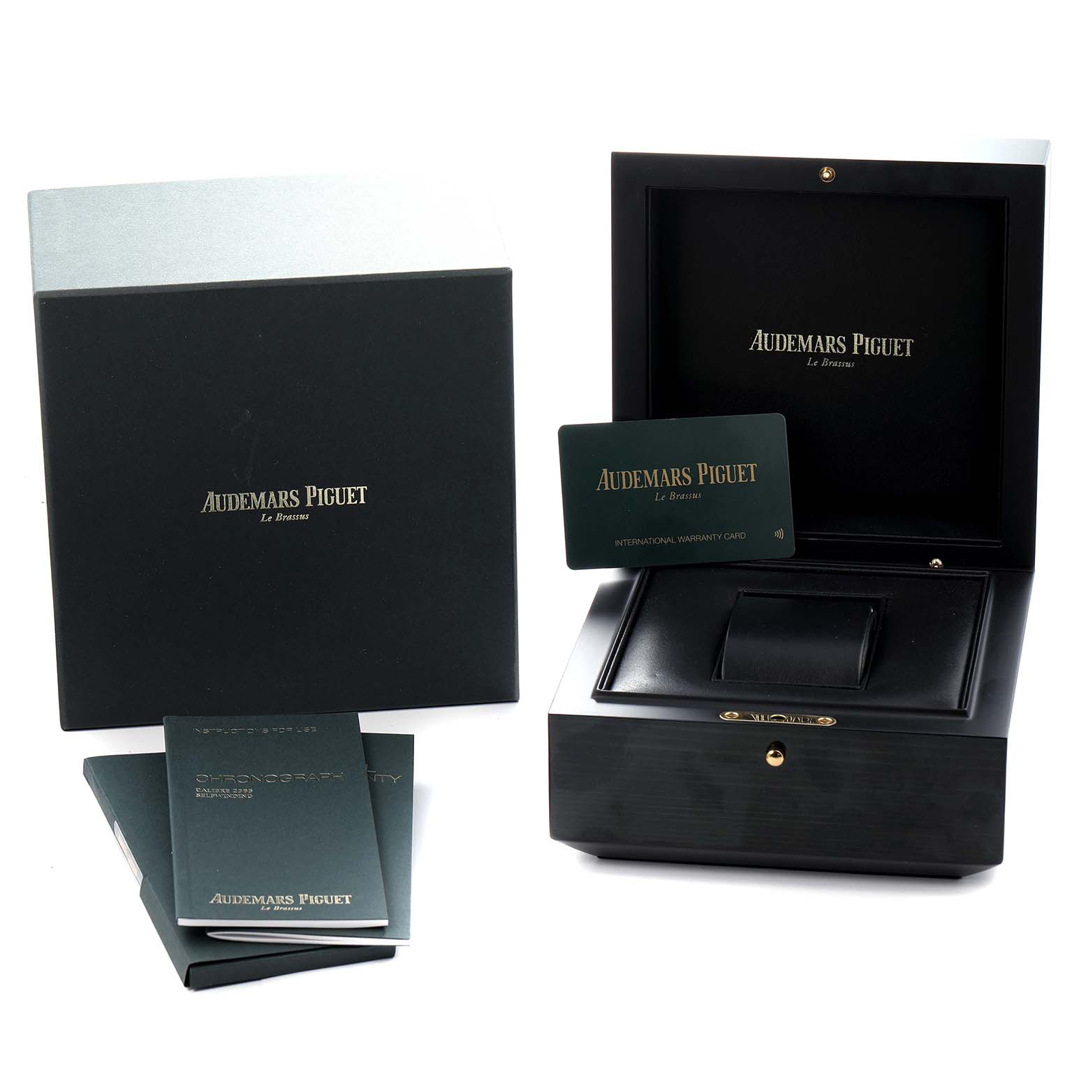 The image shows the packaging, box, and warranty card for an Audemars Piguet Royal Oak Offshore 26231OR Men
s Rose Gold Silver Dial watch.
