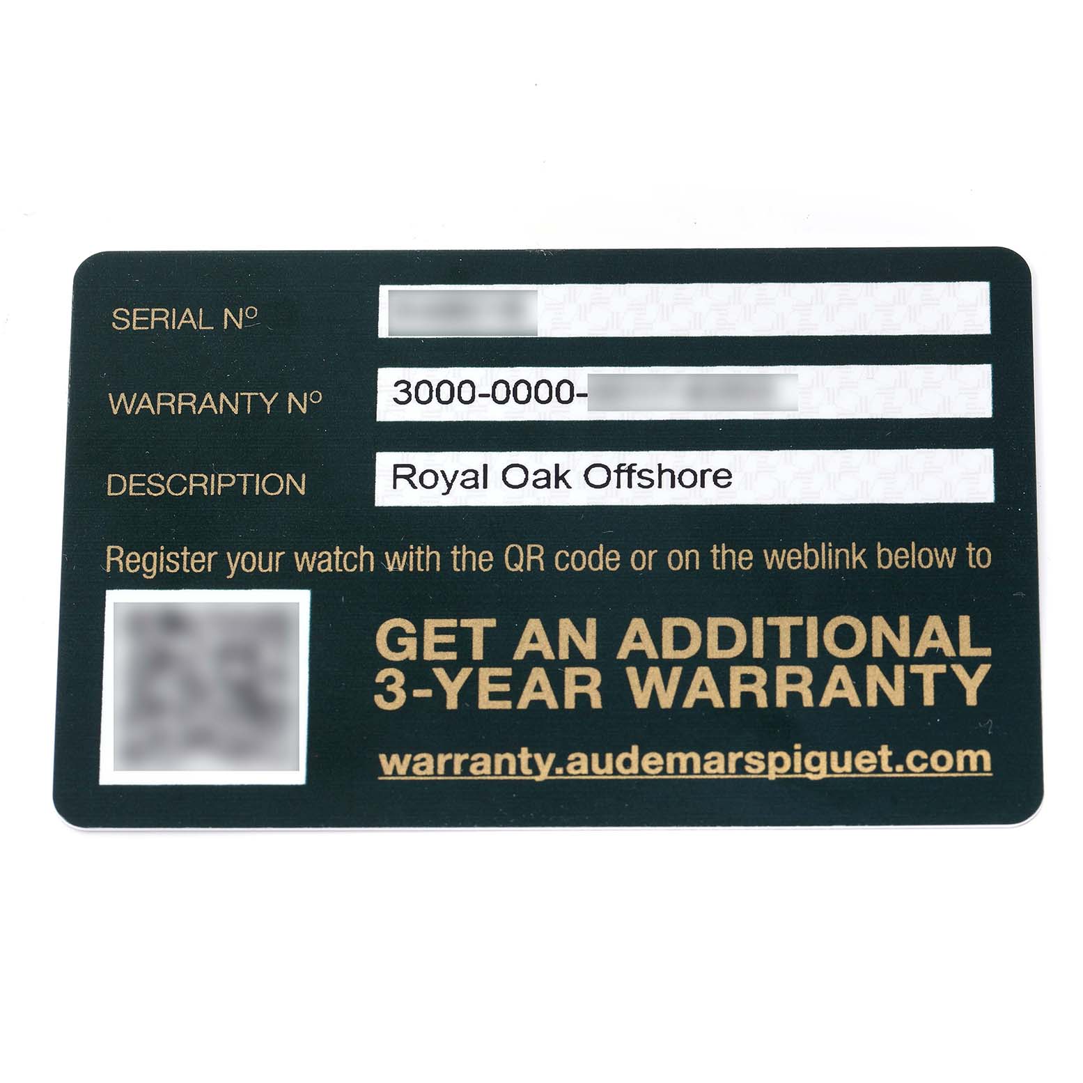 The image shows a warranty card for the Audemars Piguet Royal Oak Offshore 26231OR Men
s Rose Gold Silver Dial model, displaying serial and warranty numbers.