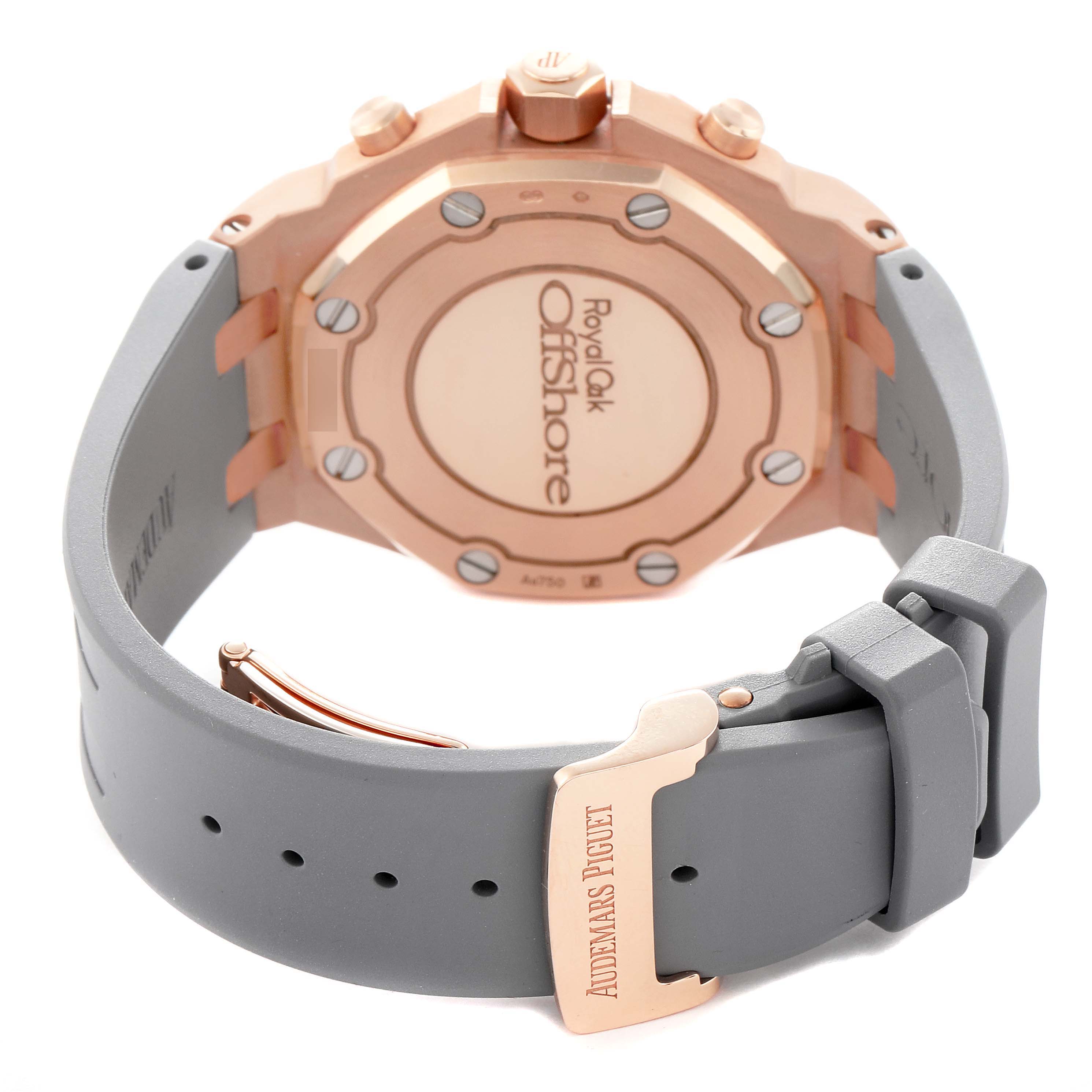 The image shows the back and strap of the Audemars Piguet Royal Oak Offshore 26231OR Men
s Rose Gold Silver Dial, highlighting the case back and buckle.