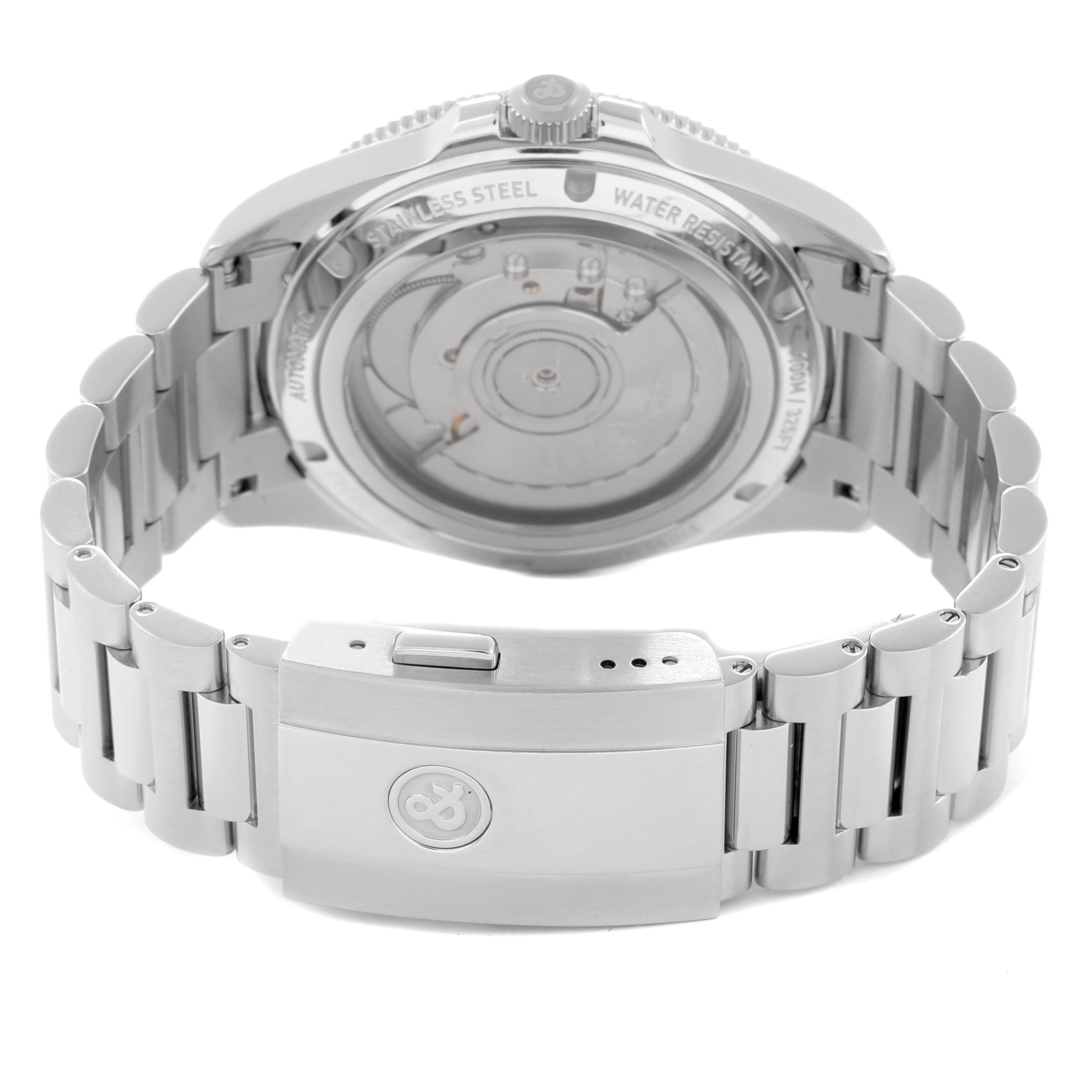 The Bell 
Ross Heritage BRV292 Men
s Stainless Steel Blue Dial watch is shown from the back, highlighting its stainless steel bracelet, clasp, and transparent case back.